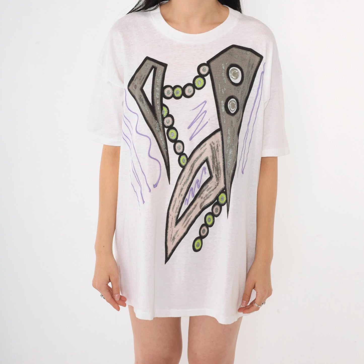 90s Abstract Geometric Glitter Paint T-Shirt White Single Stitch Large L