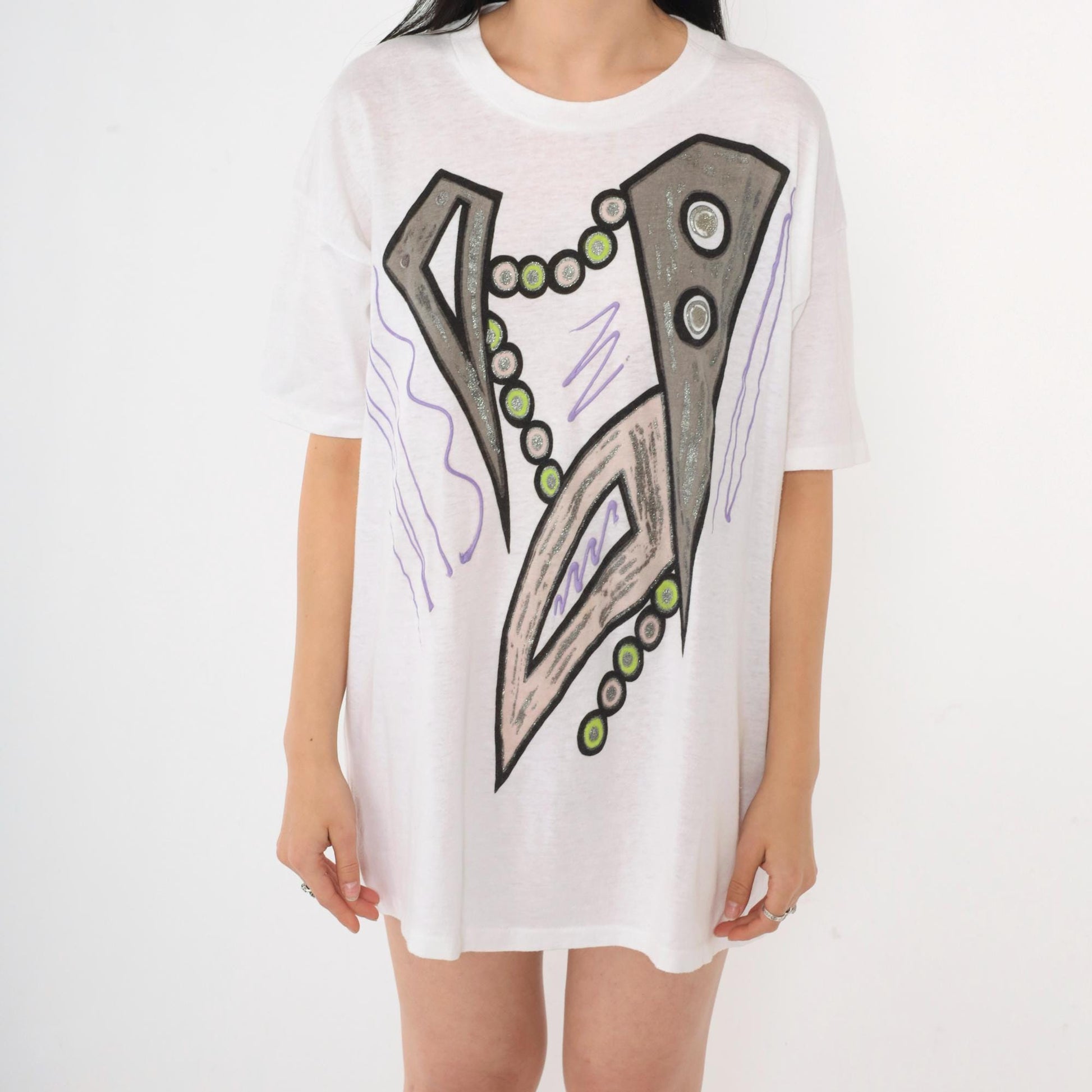 90s Abstract Geometric Glitter Paint T-Shirt White Single Stitch Large L