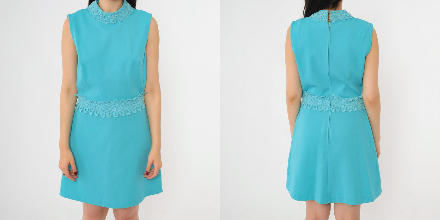 1960s Blue Lace Trim Mock Neck Shift Minidress Small S