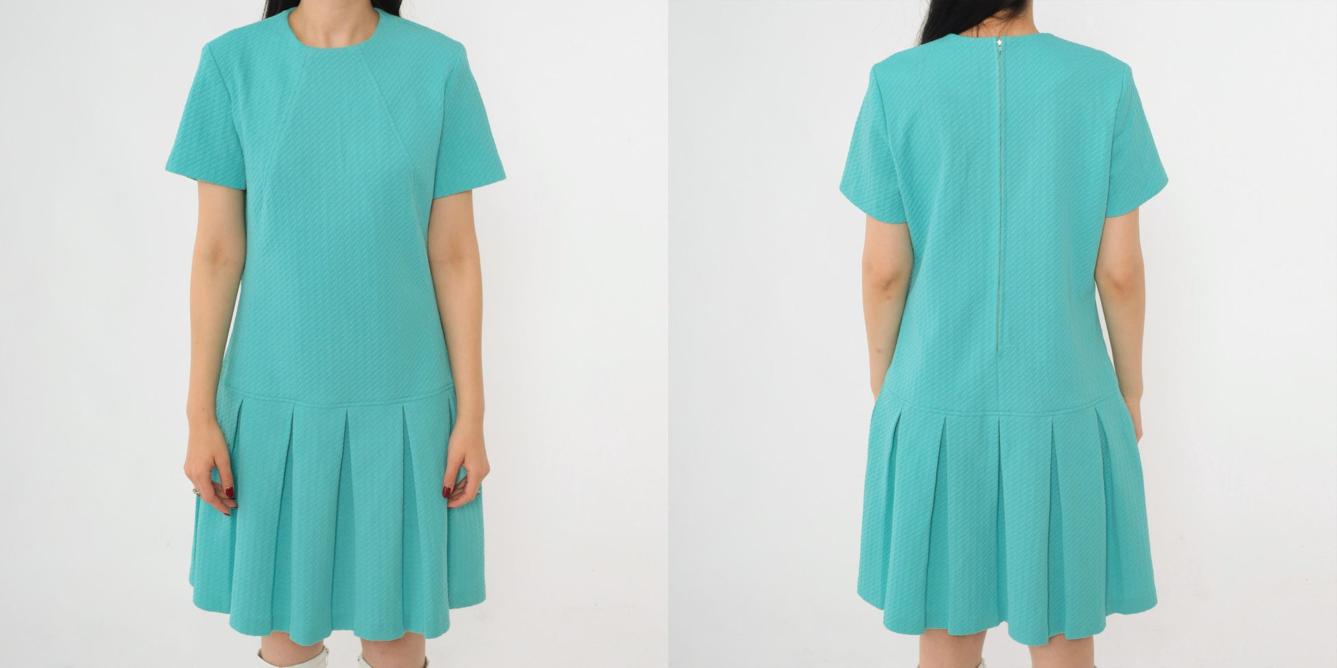 60s Mod Mini Dress Drop Waist Pleated Skirt Turquoise Polyester Small