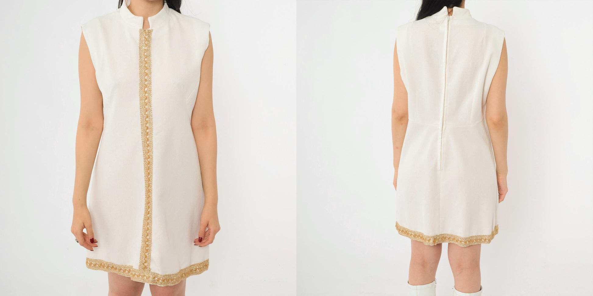 60s White Mini Shift Dress Gold Trim Sleeveless Space Age Medium M