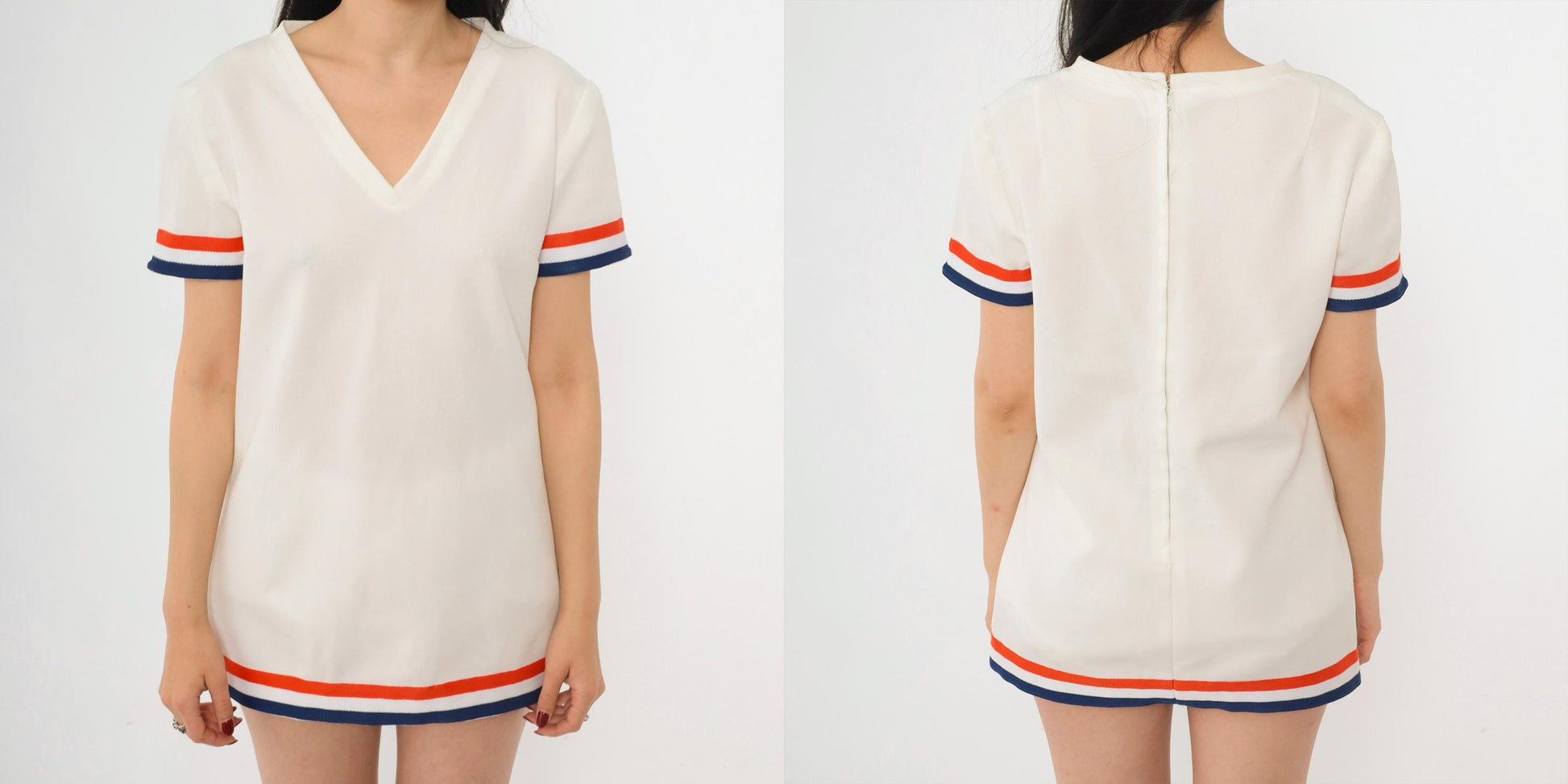 60s Mod Striped Shift Dress White Blue Orange V-Neck Short Sleeve Medium M