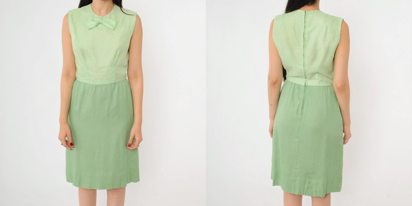 60s Two-Tone Green Bow Neckline Sleeveless Dress Knee Length Small