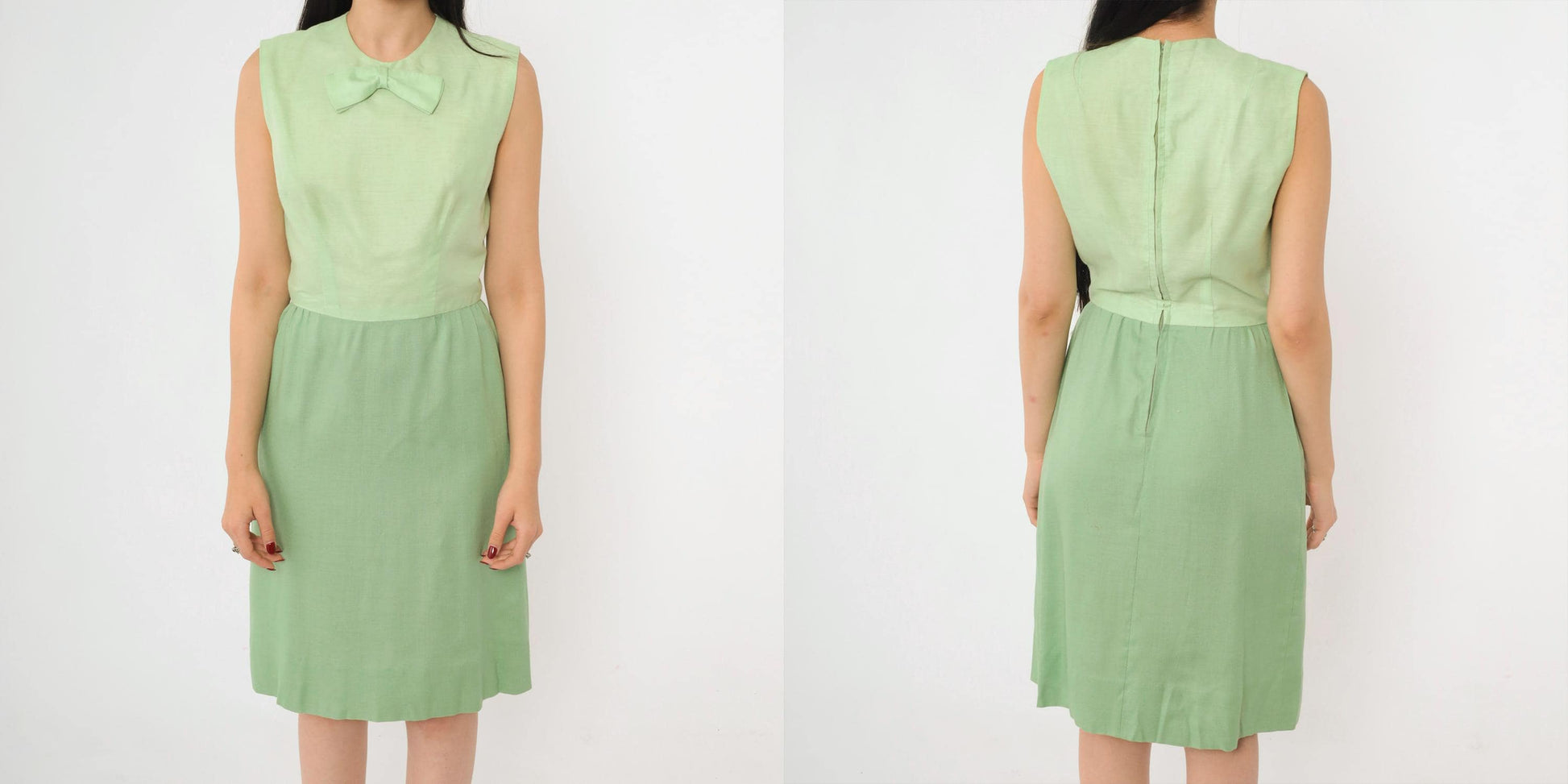 60s Two-Tone Green Bow Neckline Sleeveless Dress Knee Length Small