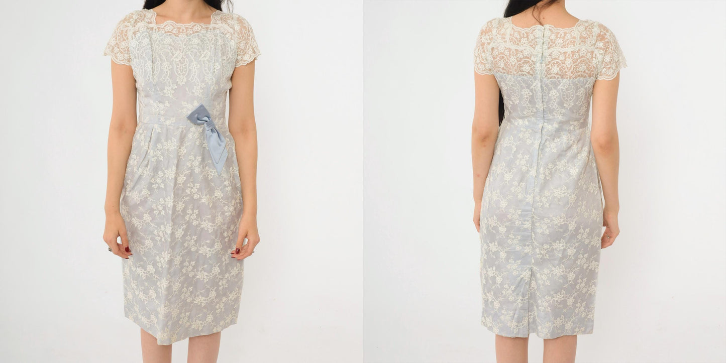 1950s Blue Lace Midi Dress Scalloped Cap Sleeve Satin Bow Extra Small XS