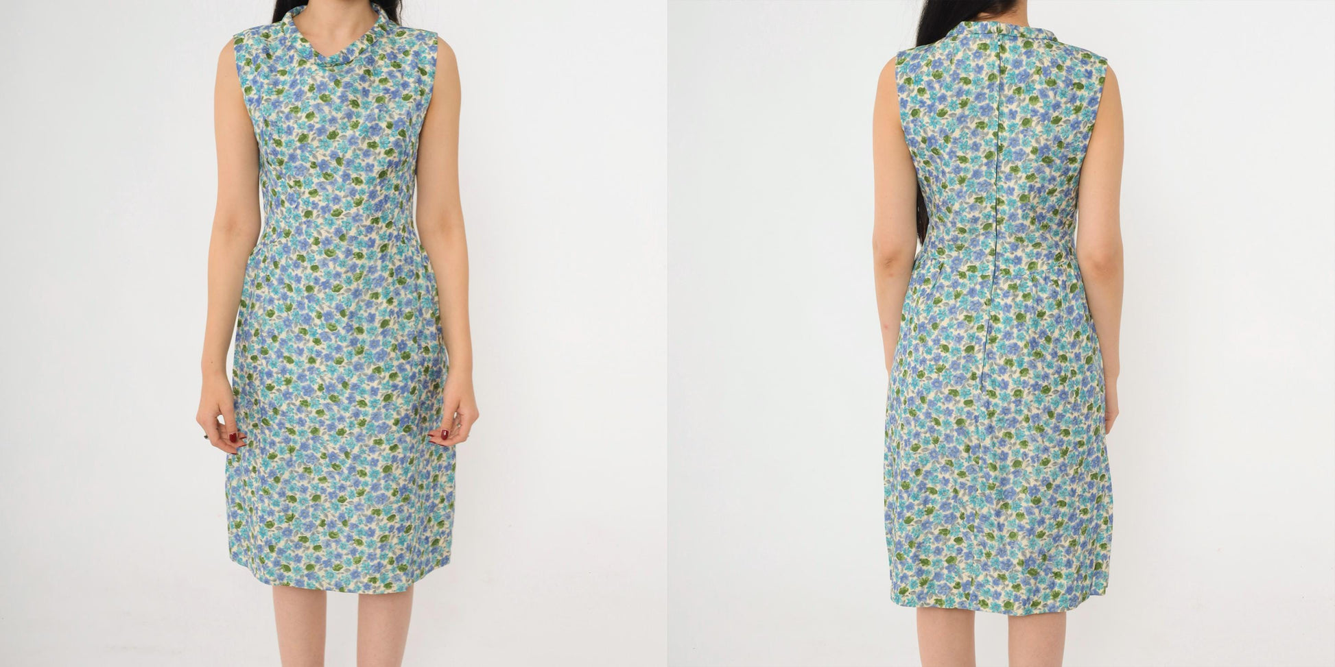 1960s Blue Green Floral Silk Sheath Dress Sleeveless Knee Length Extra Small