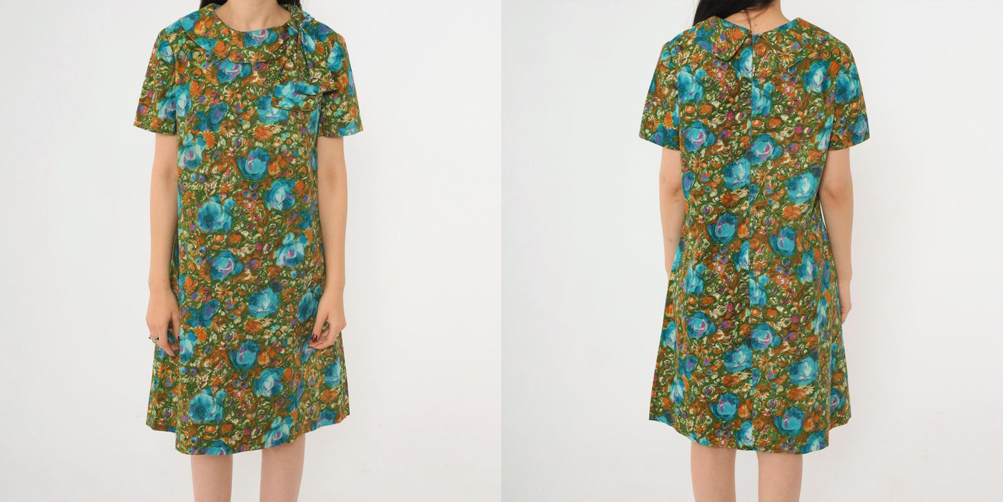 1960s Green Floral Shift Dress Bow Collar Knee-Length Medium M