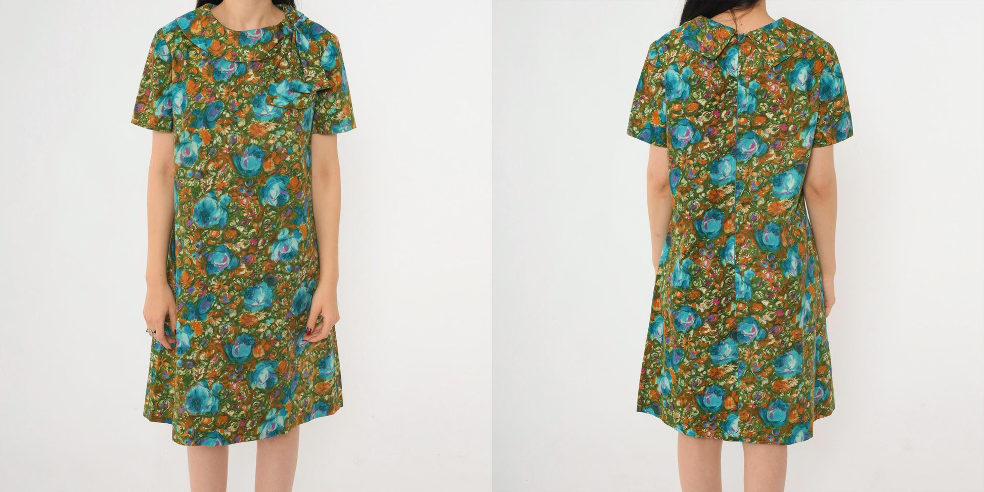 1960s Green Floral Shift Dress Bow Collar Knee-Length Medium M