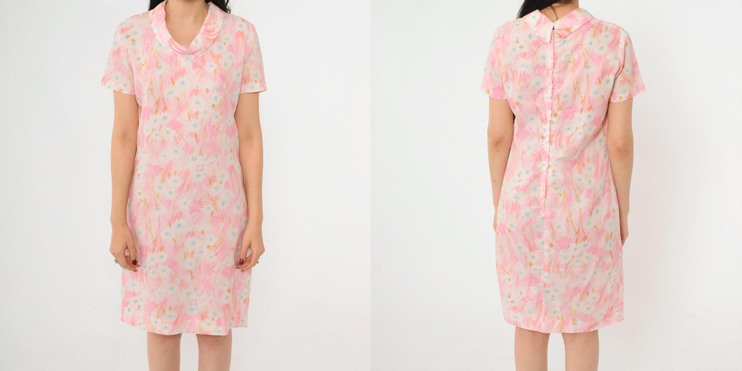 60s Pink Abstract Floral Shift Dress Cowl Neck Short Sleeve Small