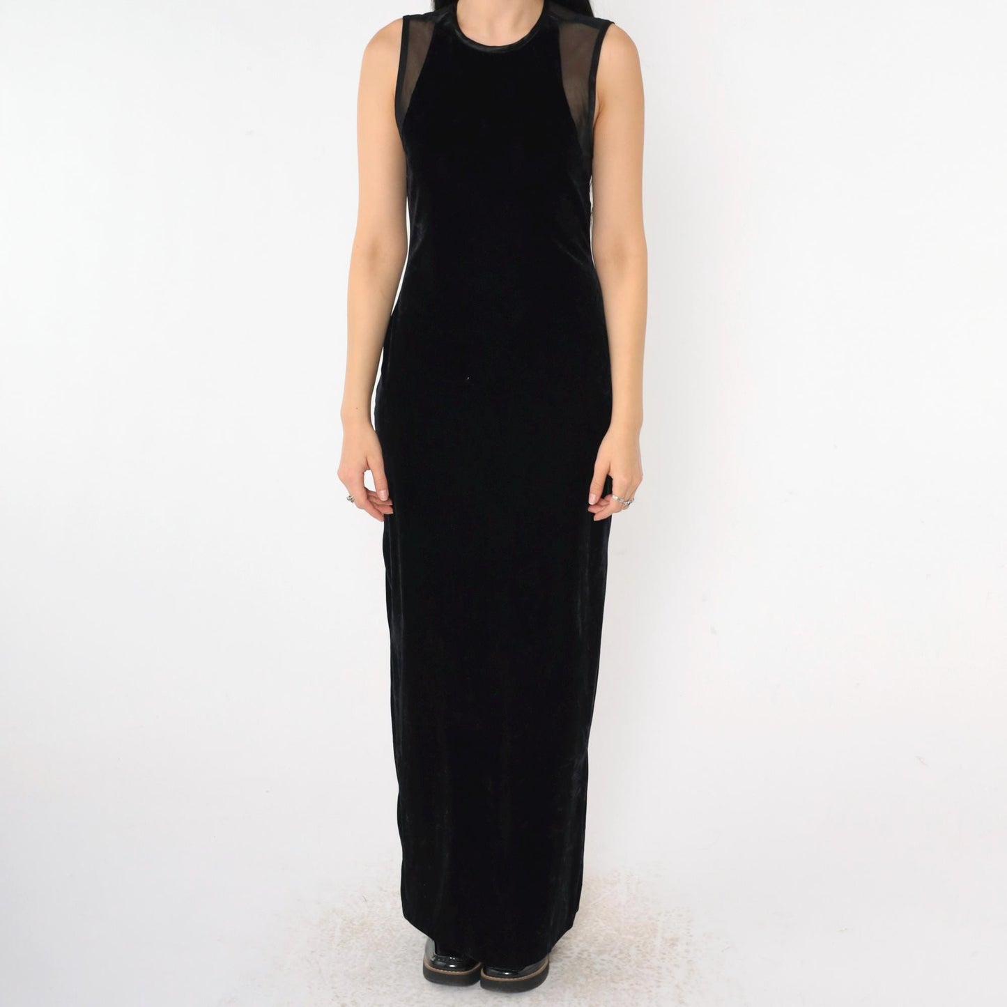 90s Jessica Howard Black Velvet Maxi Dress Sheer Mesh Back Rhinestone Small