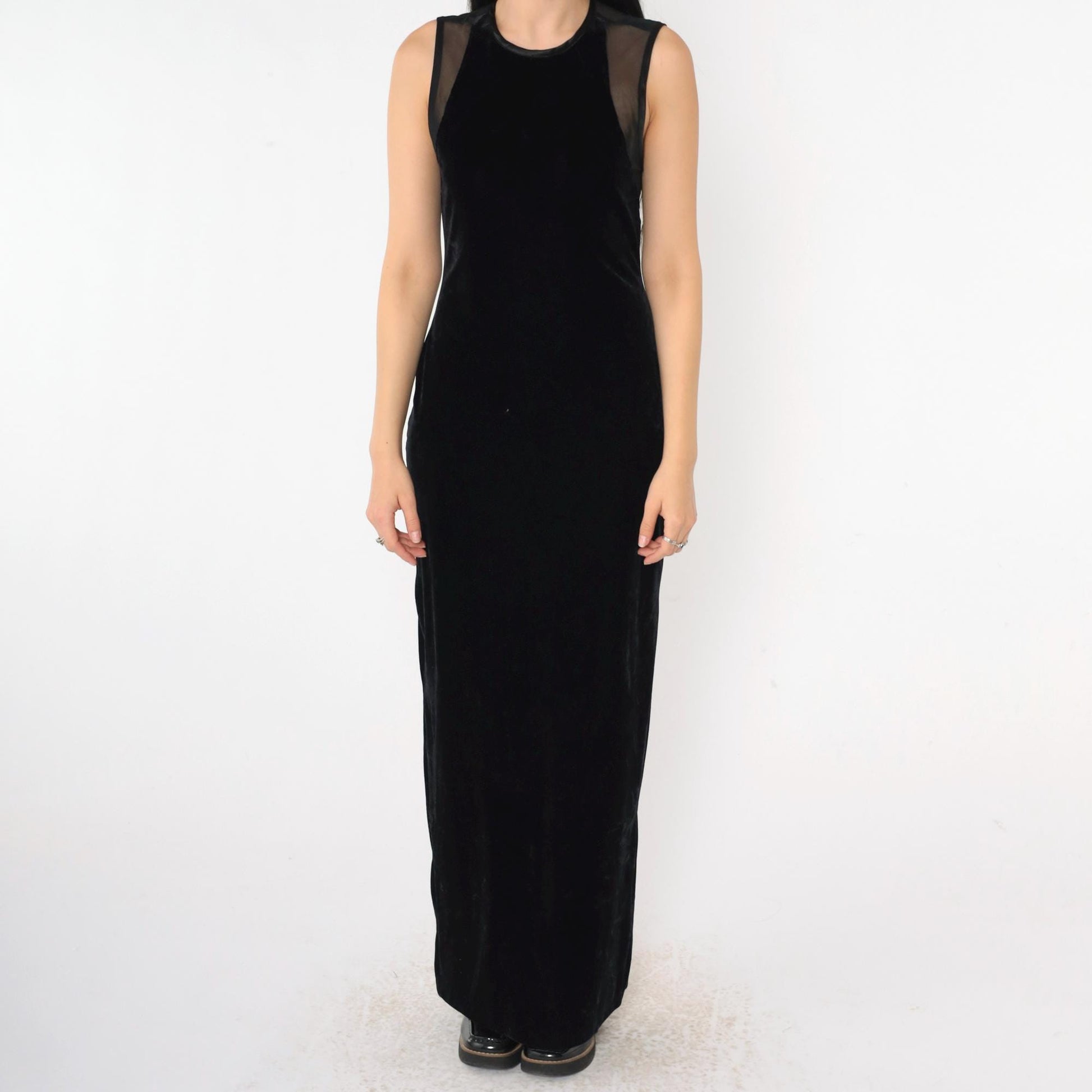90s Jessica Howard Black Velvet Maxi Dress Sheer Mesh Back Rhinestone Small
