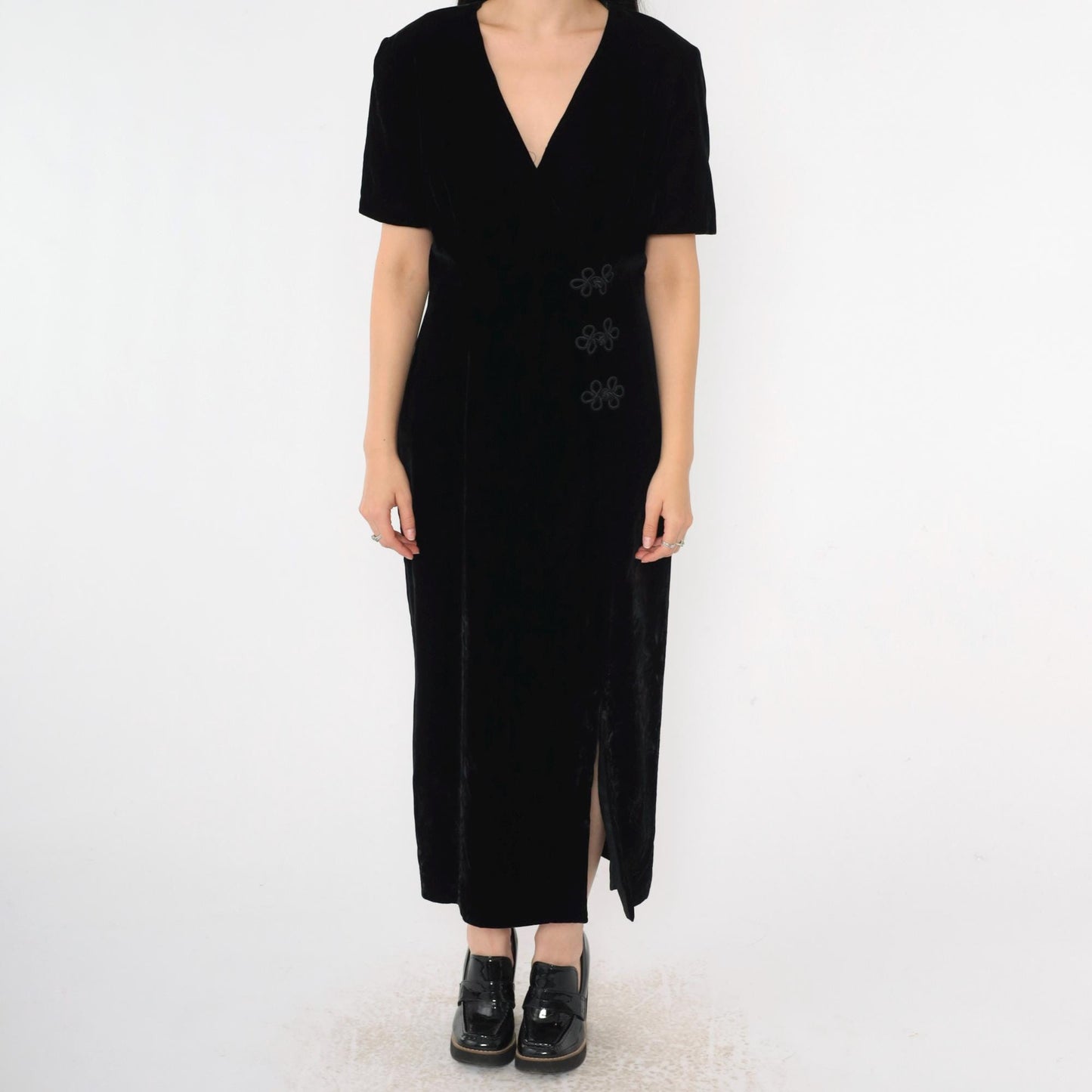 90s Talbots Black Velvet V-Neck Midi Dress Frog Closures Small 6