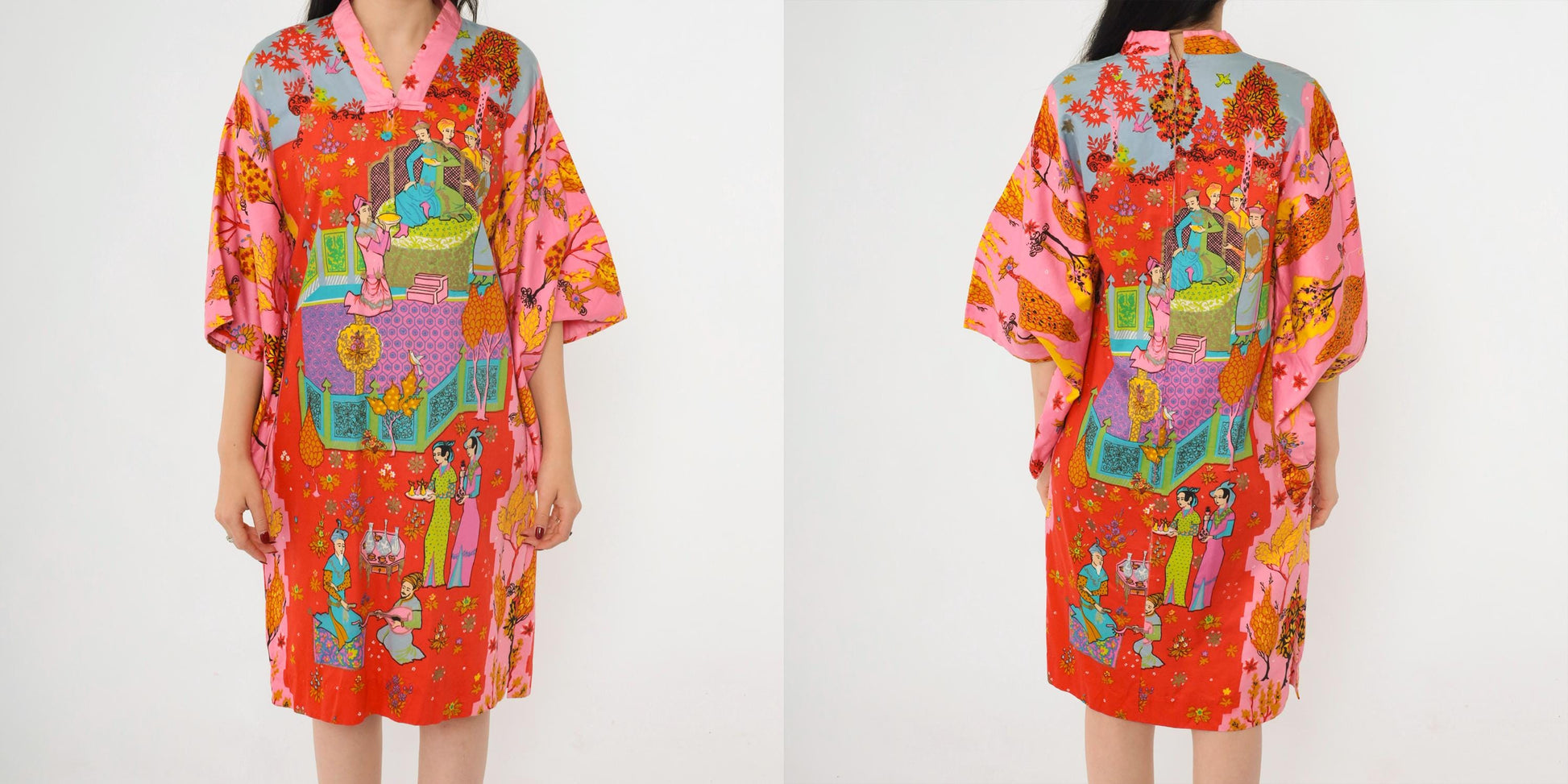70s Alice Polynesian Kaftan Dress Bell Sleeve Asian Court Print Red Pink Small