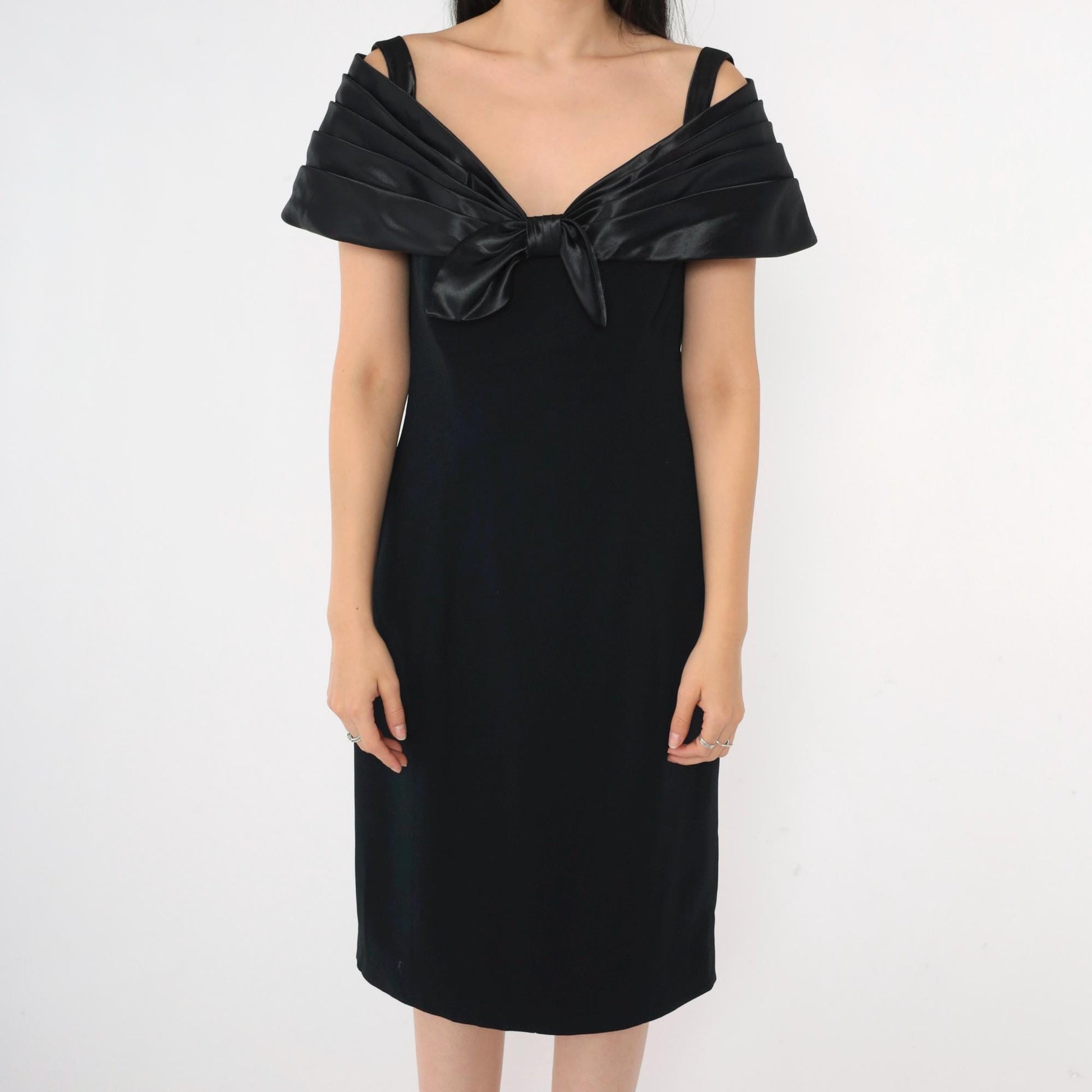 90s Black Off-Shoulder Bow Cocktail Dress Midi Sheath Medium 8