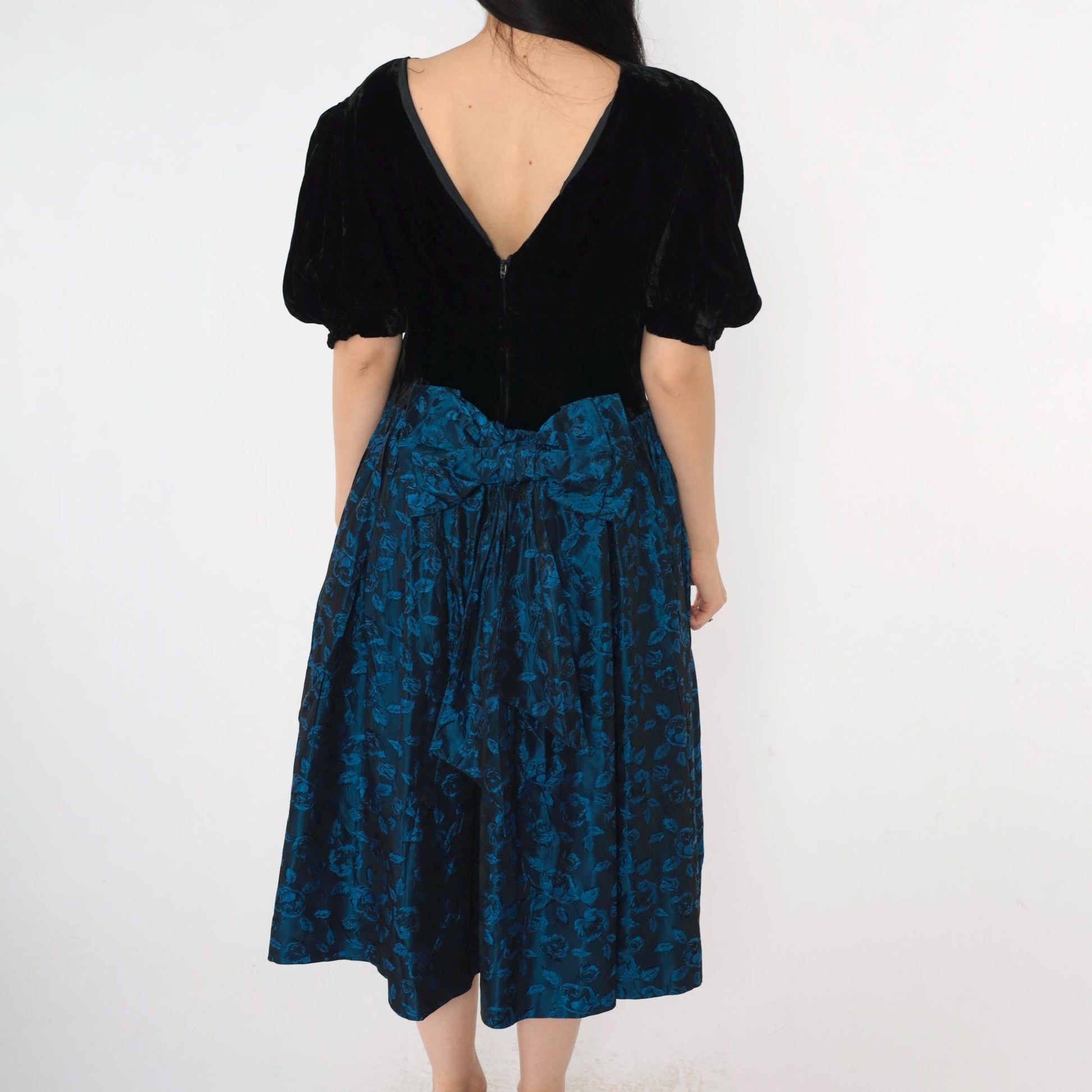 80s Black Velvet Puff Sleeve Dress Blue Floral Jacquard Midi V Back Small