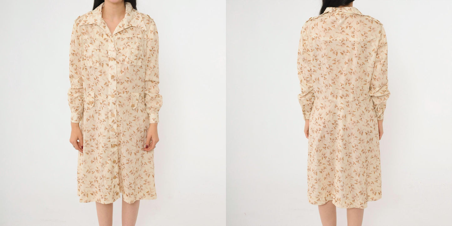 70s Cream Floral Midi Dress Button Up Long Sleeve Dagger Collar Fitted Waist Large