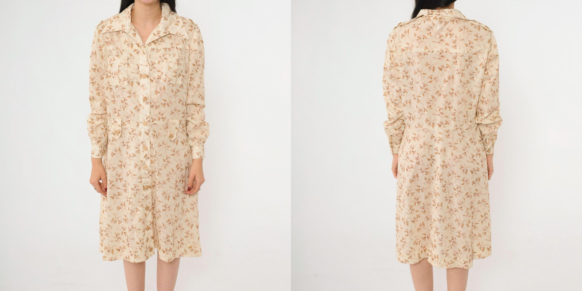 70s Cream Floral Midi Dress Button Up Long Sleeve Dagger Collar Fitted Waist Large