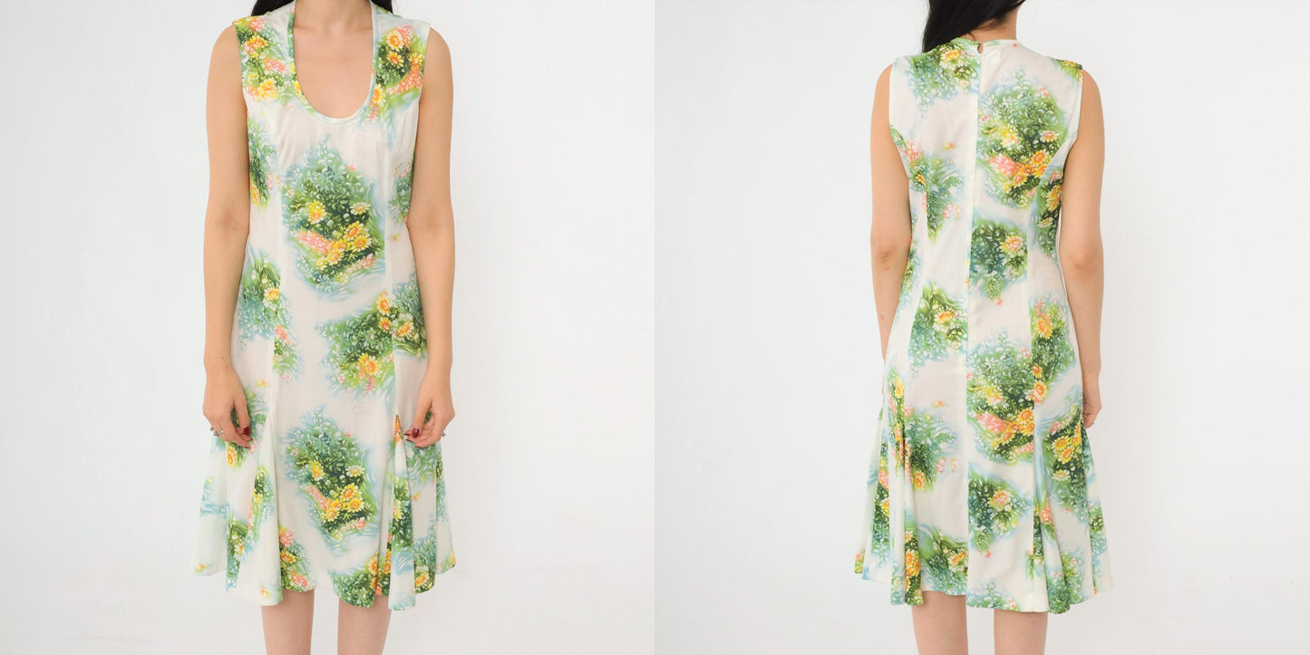 70s White Floral Print Sleeveless Dress Green Yellow Midi A-Line Medium 8