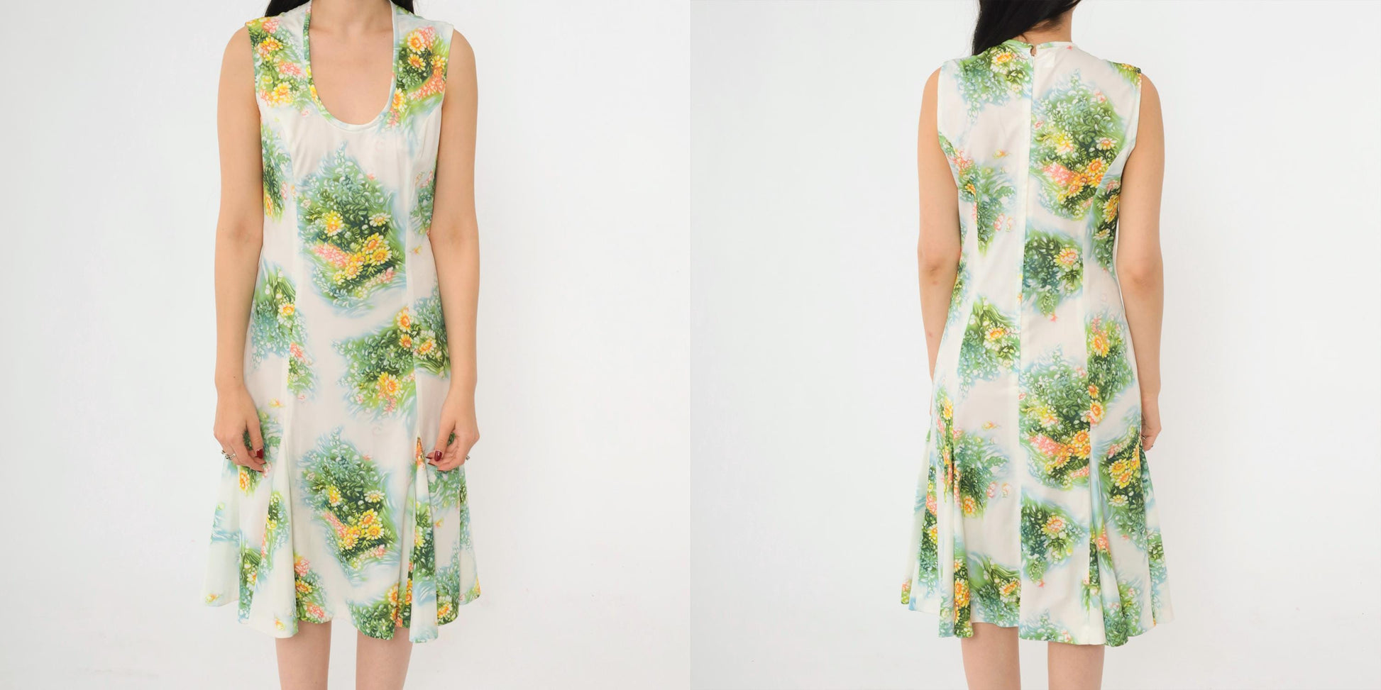 70s White Floral Print Sleeveless Dress Green Yellow Midi A-Line Medium 8