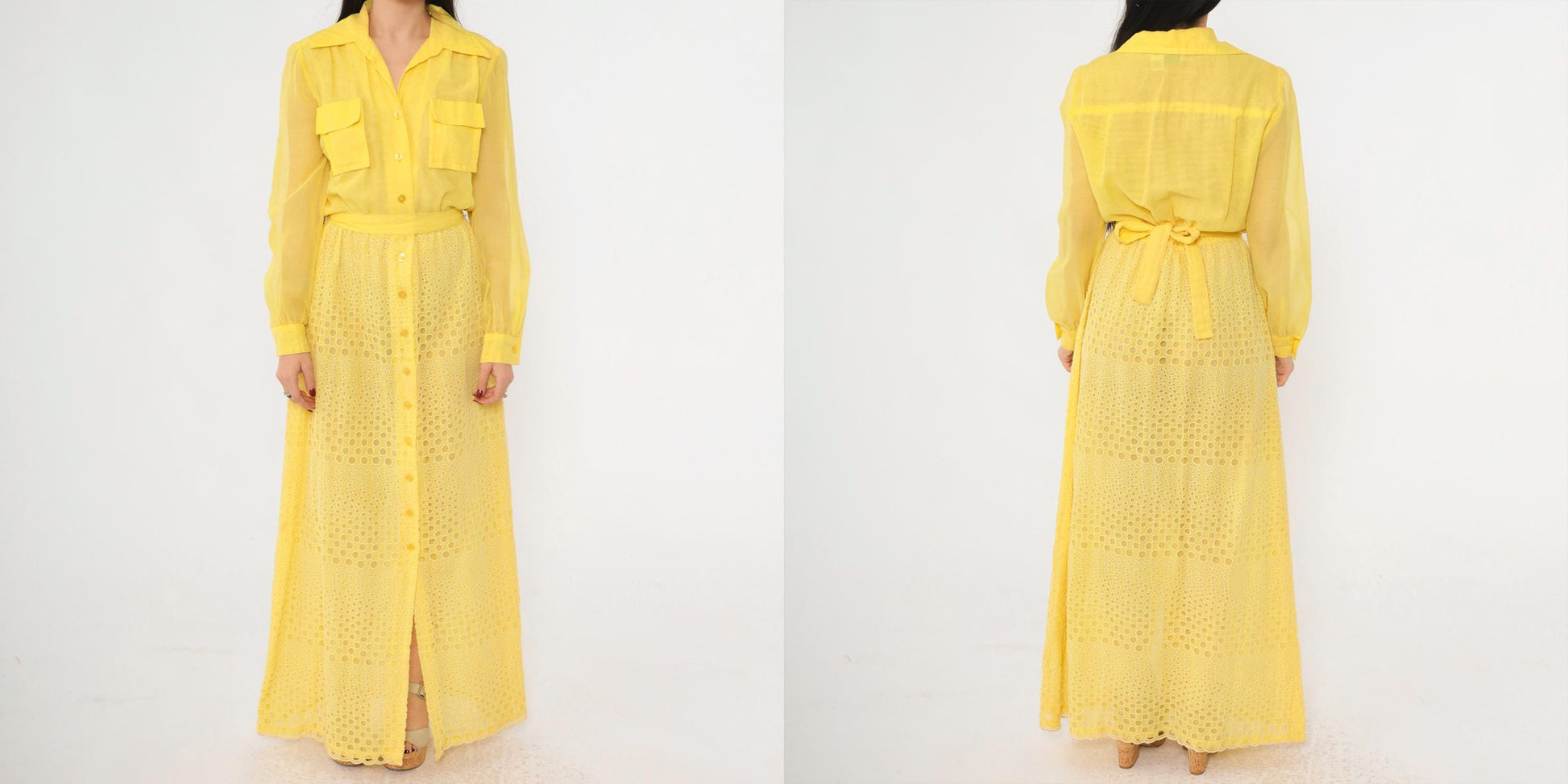 70s Yellow Eyelet Lace Maxi Dress Button-Up High Waist Utility Pockets Small