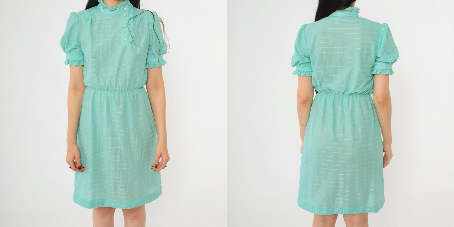 80s Seafoam Checkered Midi Dress Puff Sleeve Button-Up Ruffle Neckline Small
