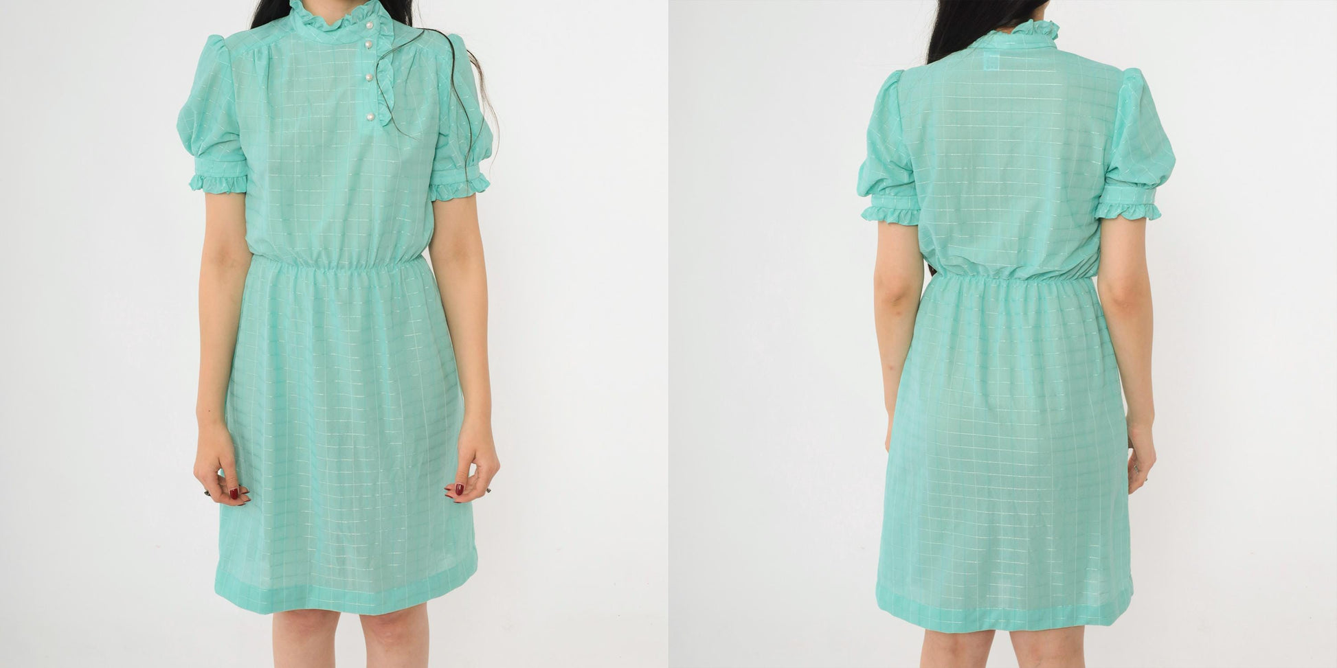 80s Seafoam Checkered Midi Dress Puff Sleeve Button-Up Ruffle Neckline Small