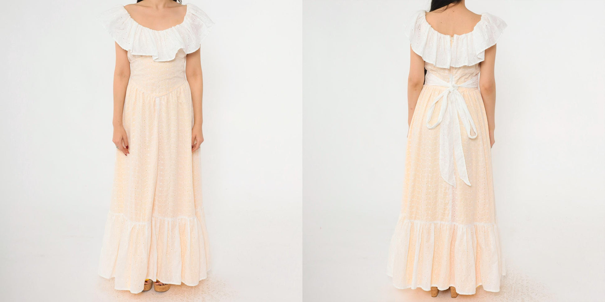 70s White Eyelet Lace Maxi Dress Yellow Lining Ruffled Off-Shoulder Small