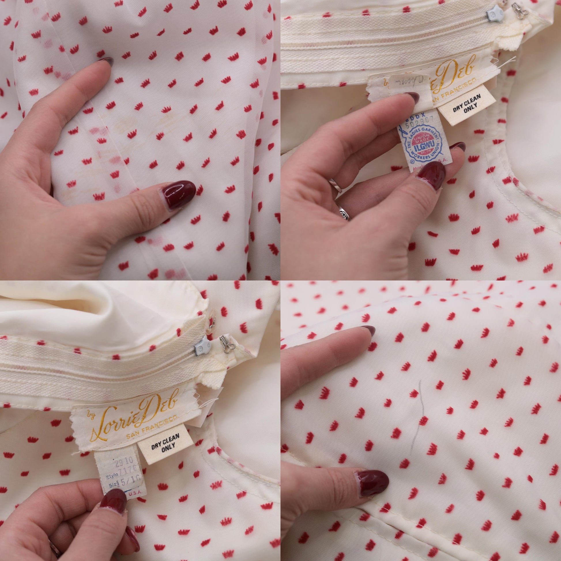 60s White Party Dress Flocked Crown Dot Print Red Velvet Bow Empire Waist Mini Medium