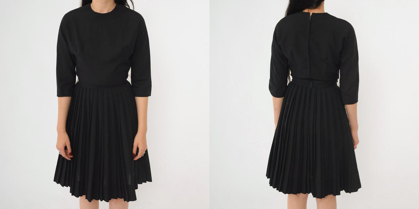 60s Howard Wolf Black Pleated Cocktail Dress 3/4 Sleeve Tailored Extra Small XS