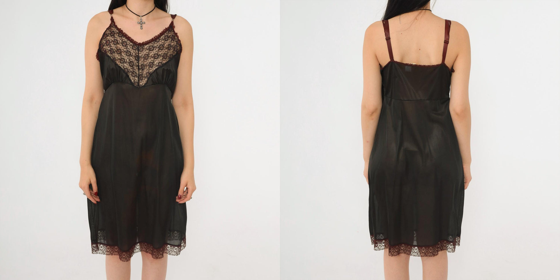 1960s Black Lace Slip Dress Empire Waist Spaghetti Strap Sheer Medium