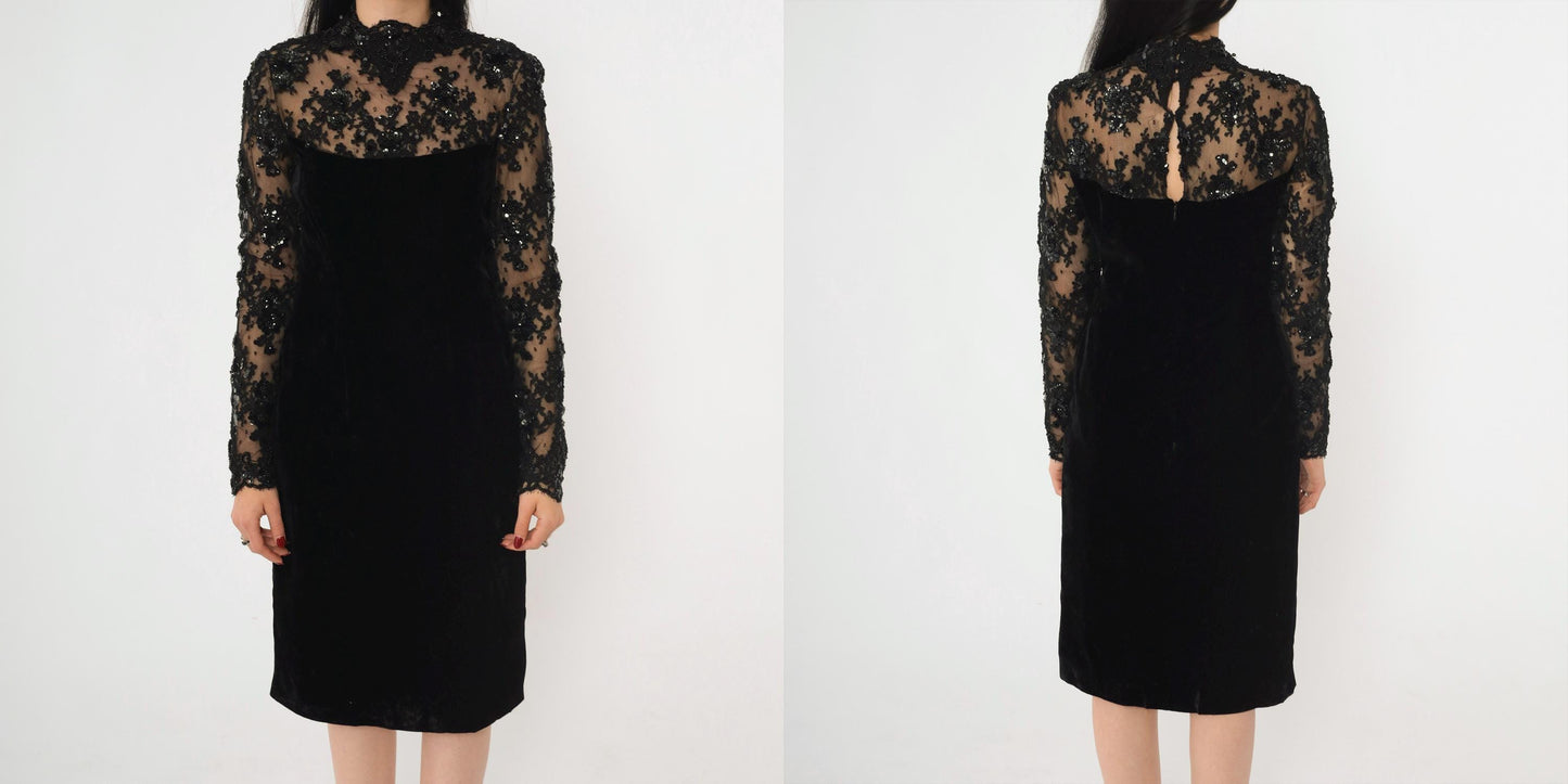 80s Oscar de la Renta Black Velvet Cocktail Dress Illusion Neckline Small