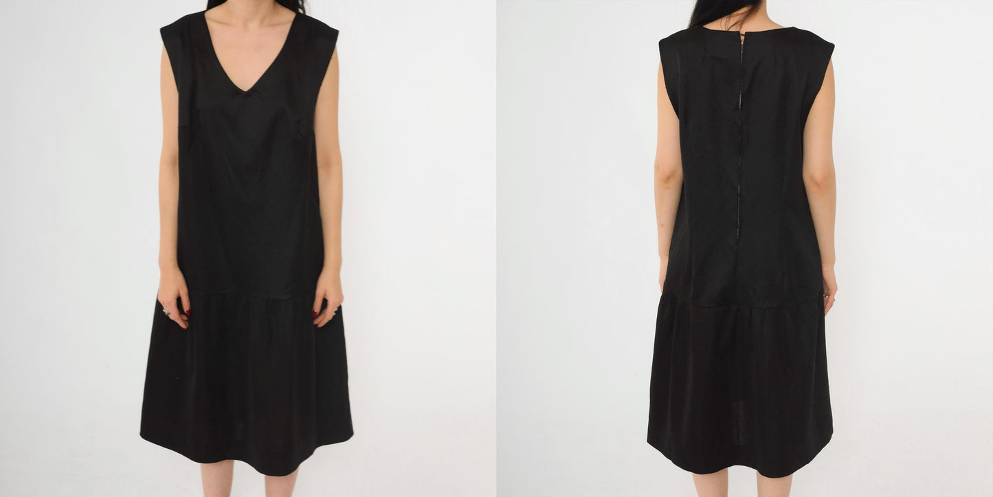 1960s Black Drop Waist Midi Dress Sleeveless V Neck Mod Large