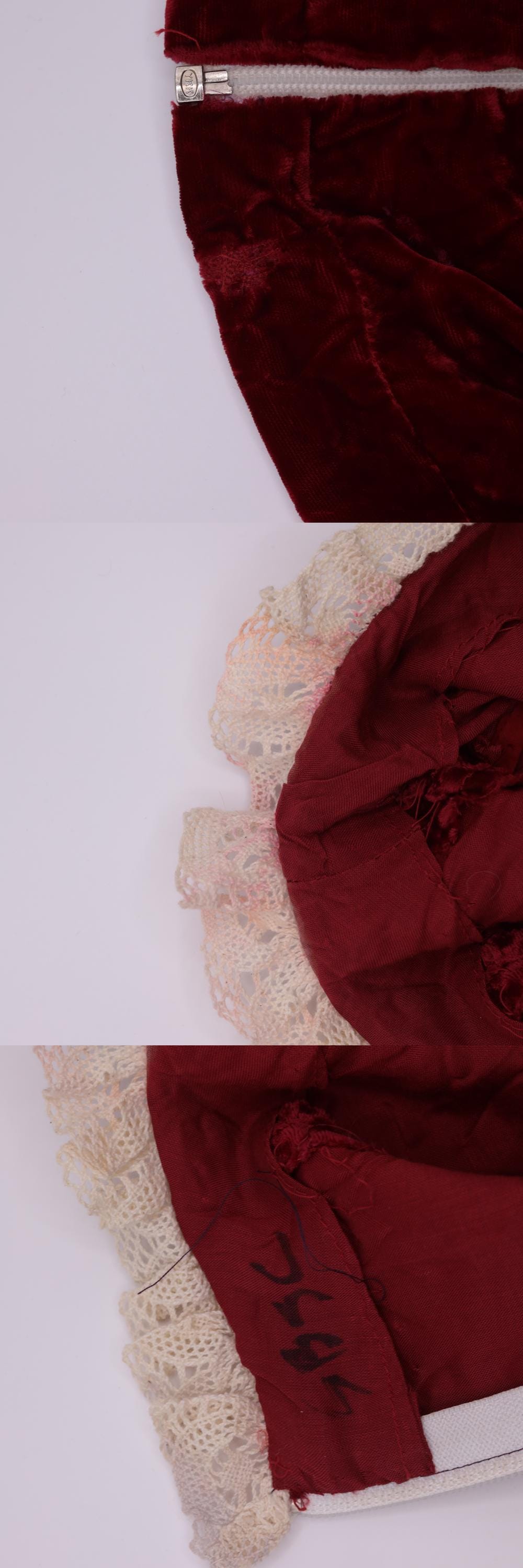 60s Red Velvet Crop Top Lace Trim Puff Sleeve Blouse Extra Small