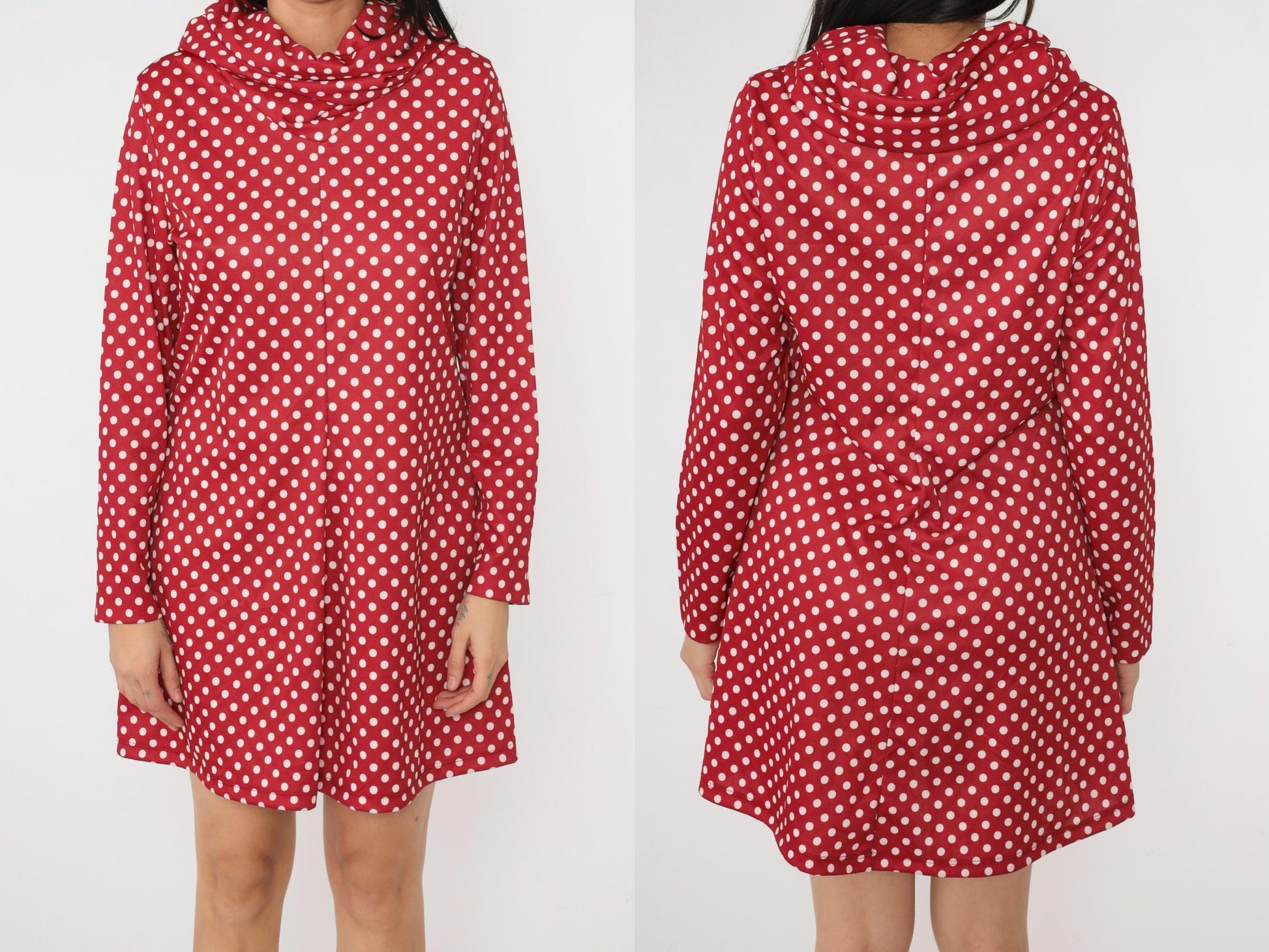70s Red Polka Dot Mock Neck Mini Dress Long Sleeve A-Line Shift Medium Large