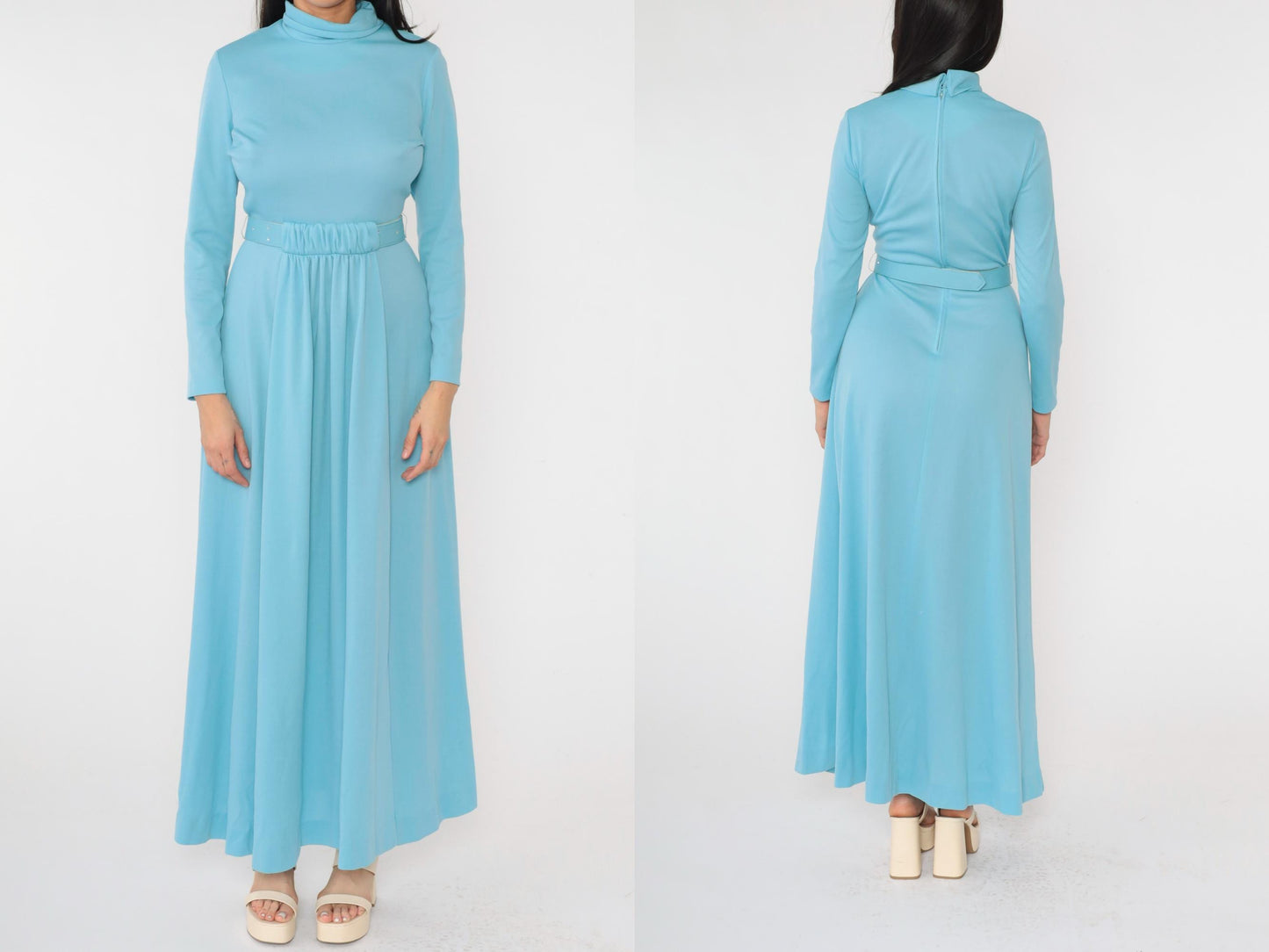 70s Light Blue Maxi Dress Draped A-Line Mock Neck Rhinestone Belt Small