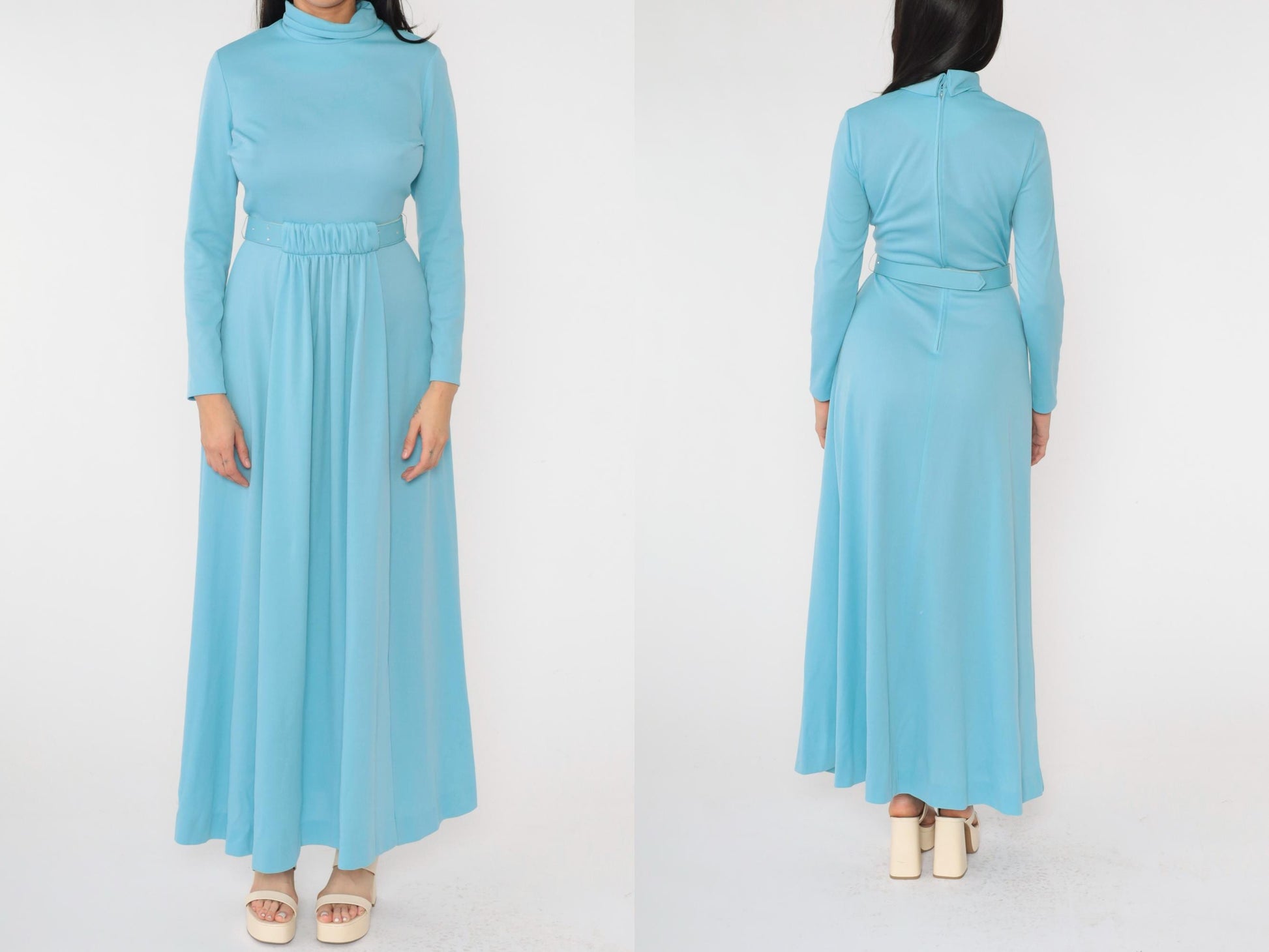 70s Light Blue Maxi Dress Draped A-Line Mock Neck Rhinestone Belt Small