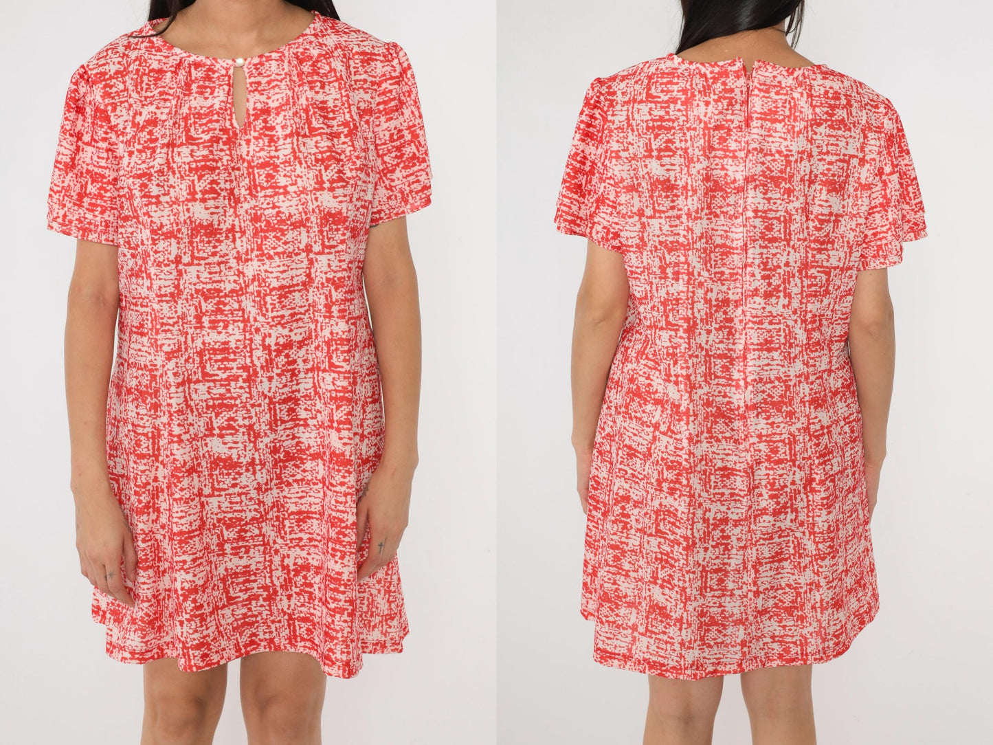 70s Abstract Red Mini Dress Puff Sleeve A-Line Shift Extra Large