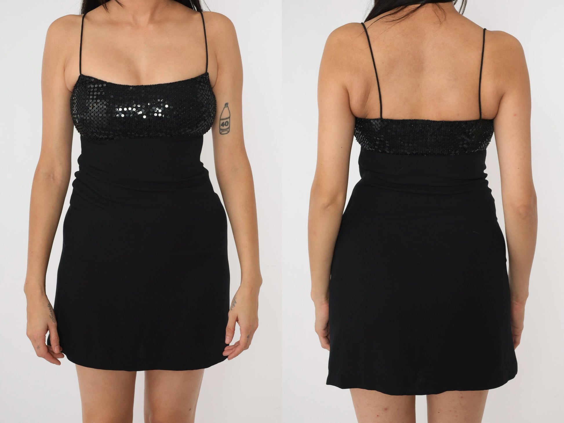 90s Ellen Tracy Black Sequin Mini Dress Spaghetti Strap Empire Waist Extra Small