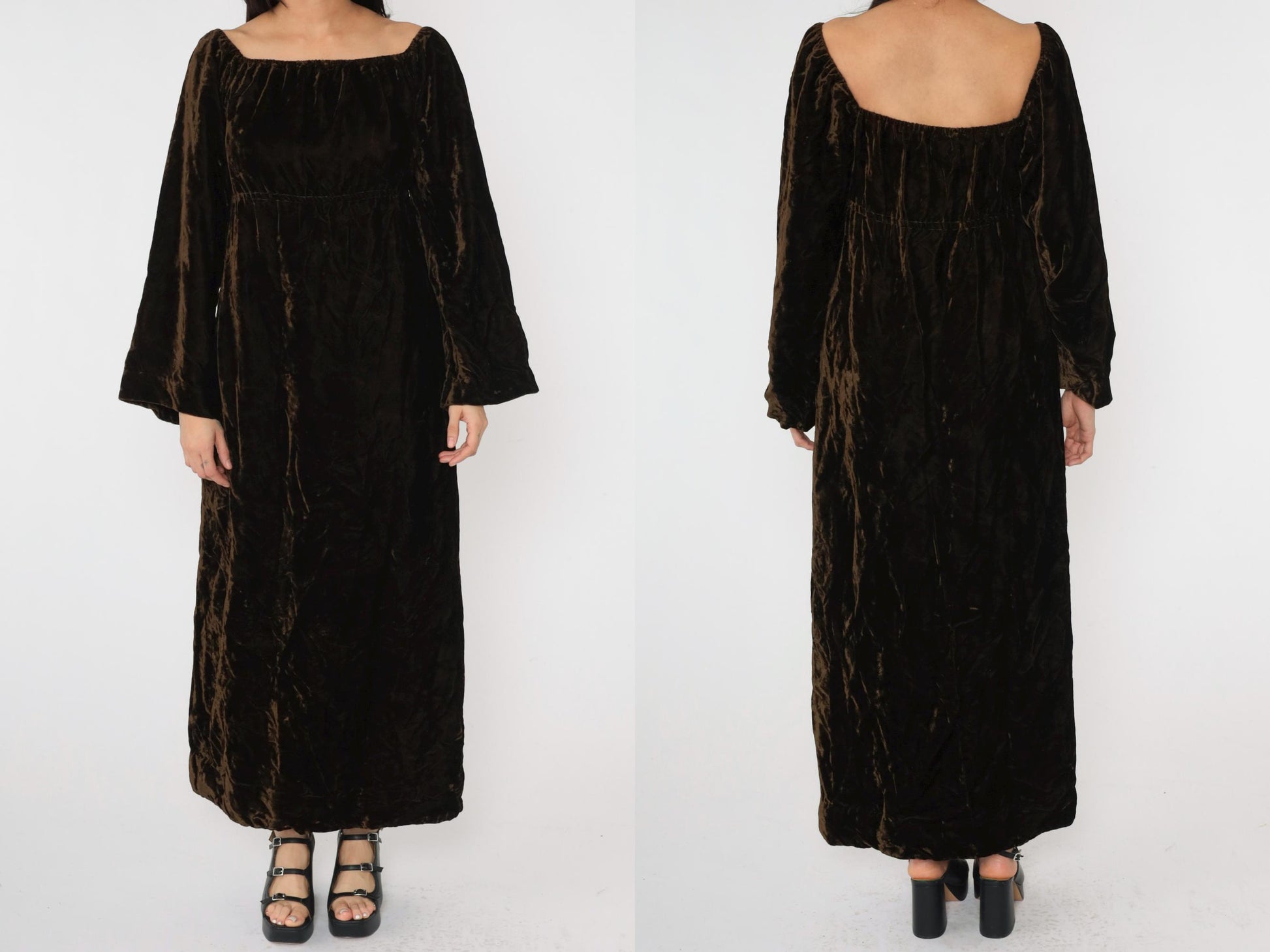 Y2K Brown Velvet Maxi Dress Empire Waist Wide Sleeve Small S