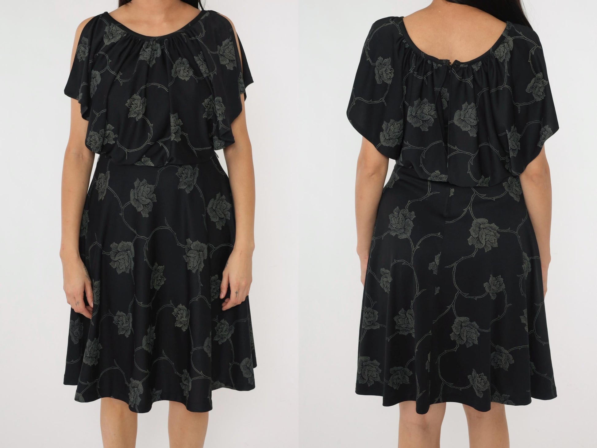 70s Black Floral Midi Dress High Waist Flutter Sleeve Small