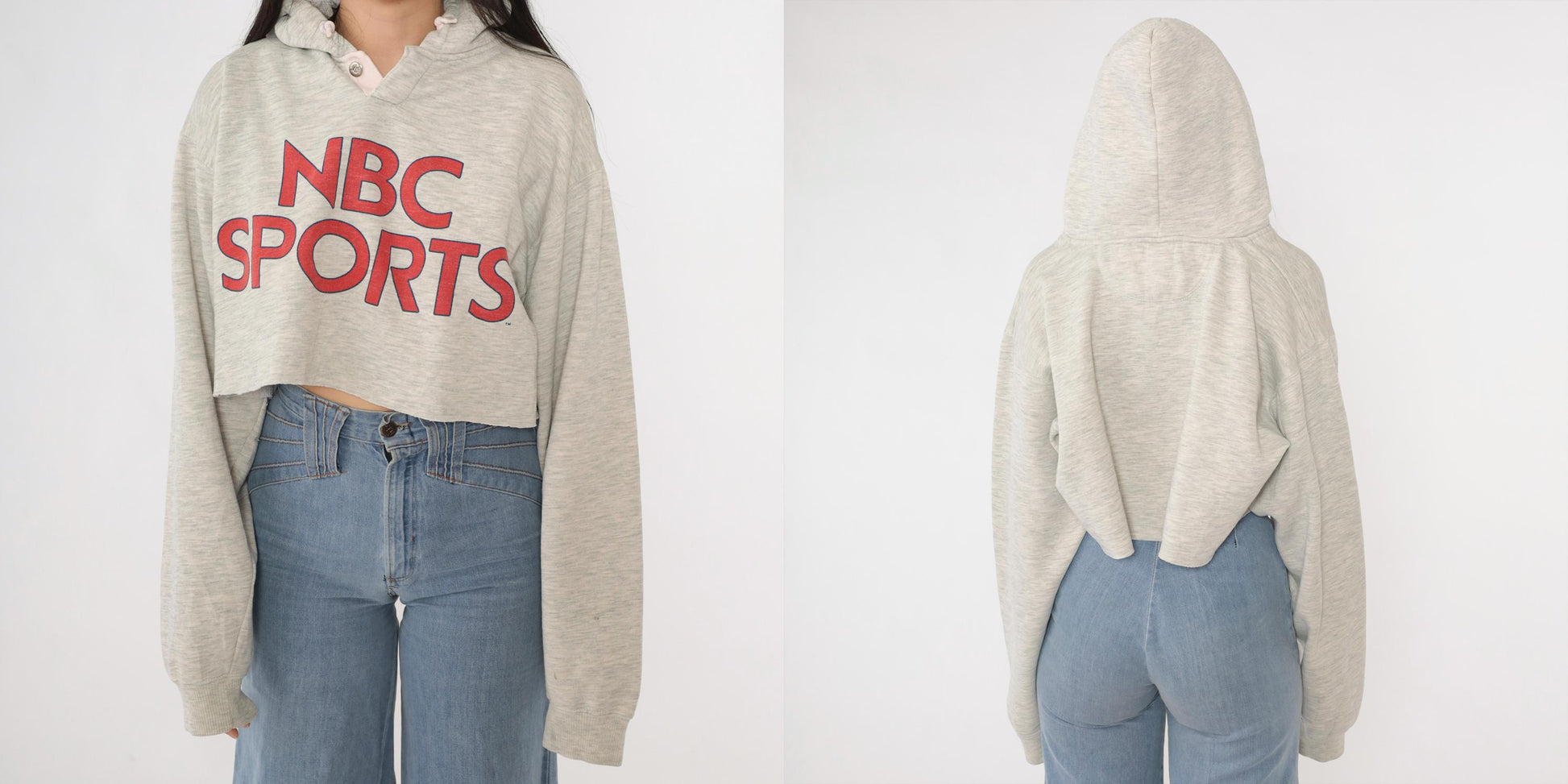 90s NBC Sports Cropped Hoodie Heather Gray Graphic Pullover Extra Large XL