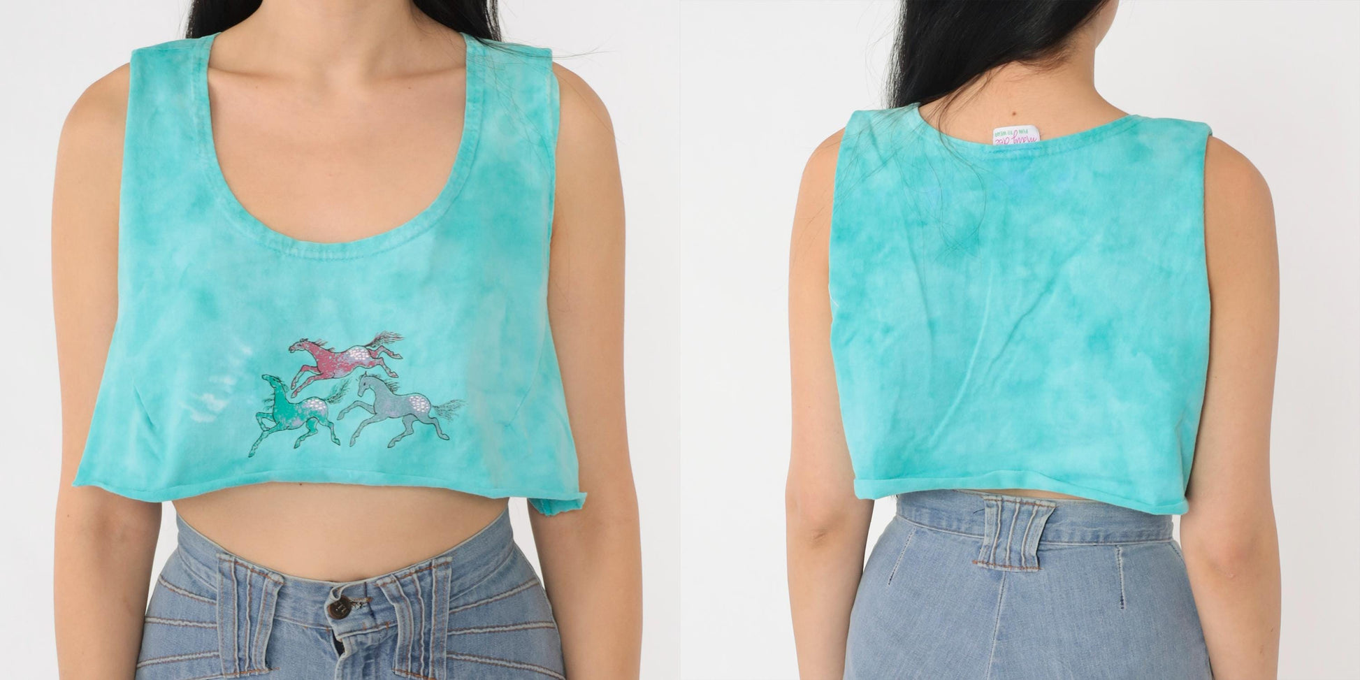 90s Horse Tie Dye Crop Tank Top Turquoise Scoop Neck Small Medium