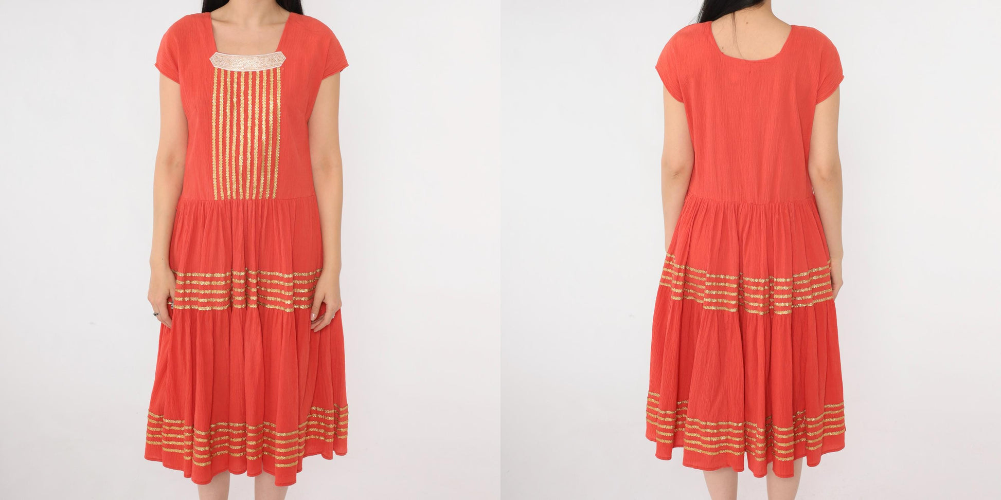 1950s Thunderbird Fashions Orange Crinkle Cotton Patio Dress Square Neckline Medium