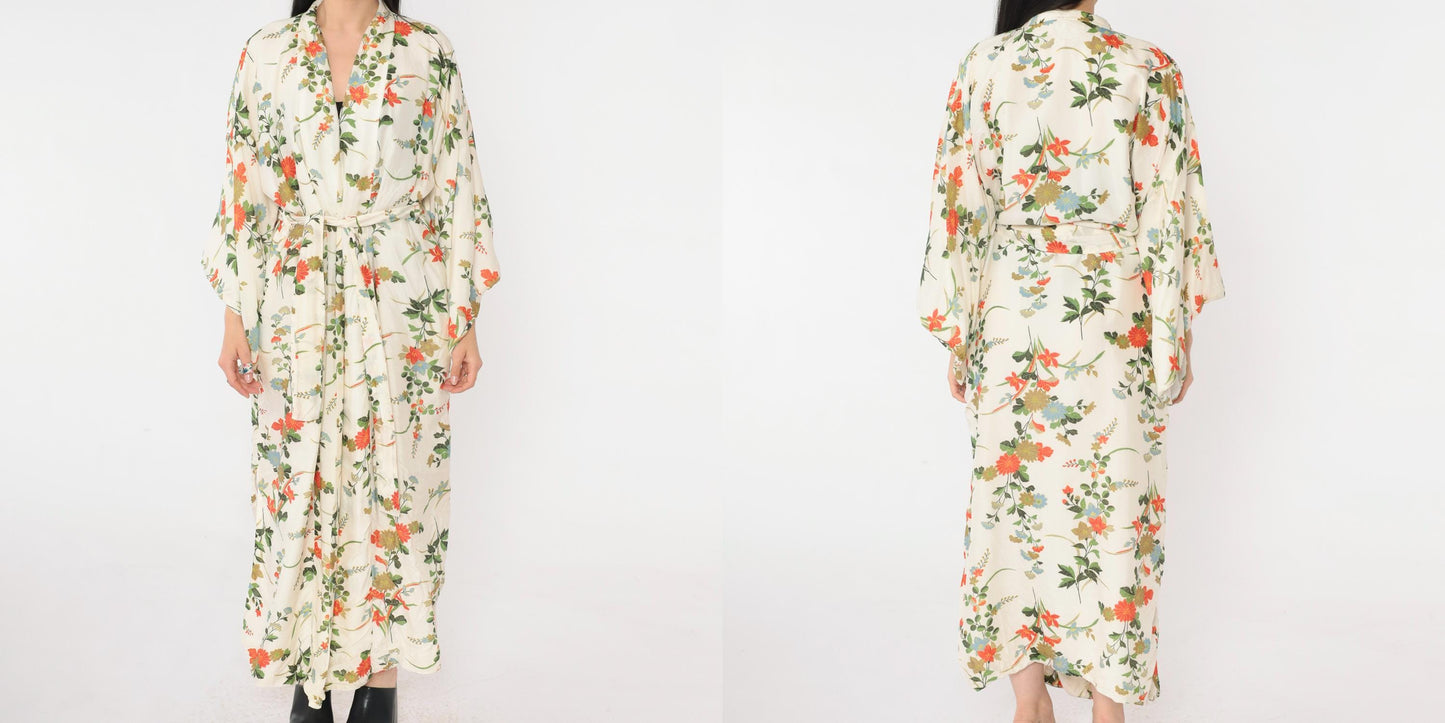60s Japanese Silk Kimono Robe Ivory Floral Print Wide Sleeve Maxi