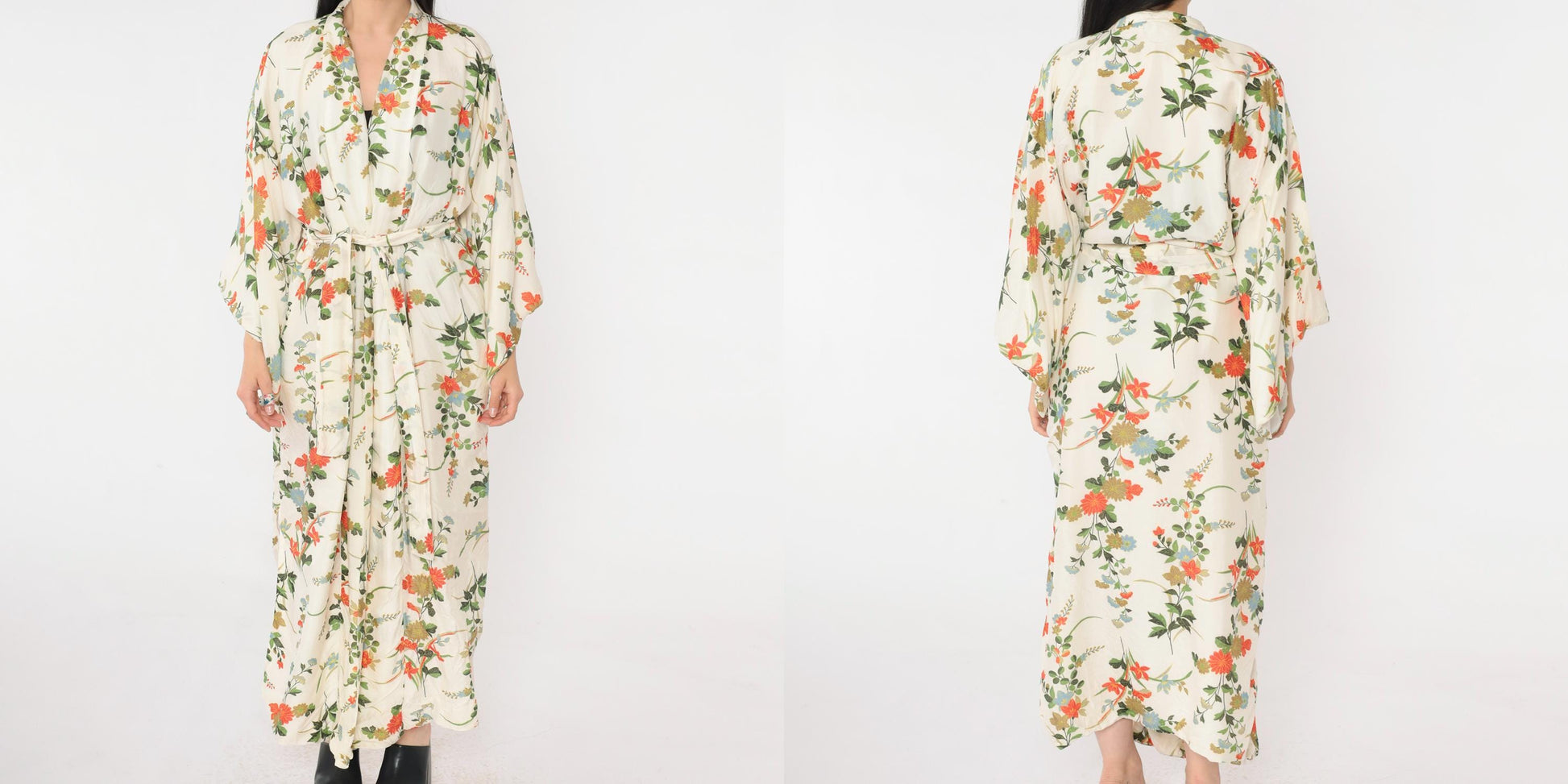 60s Japanese Silk Kimono Robe Ivory Floral Print Wide Sleeve Maxi