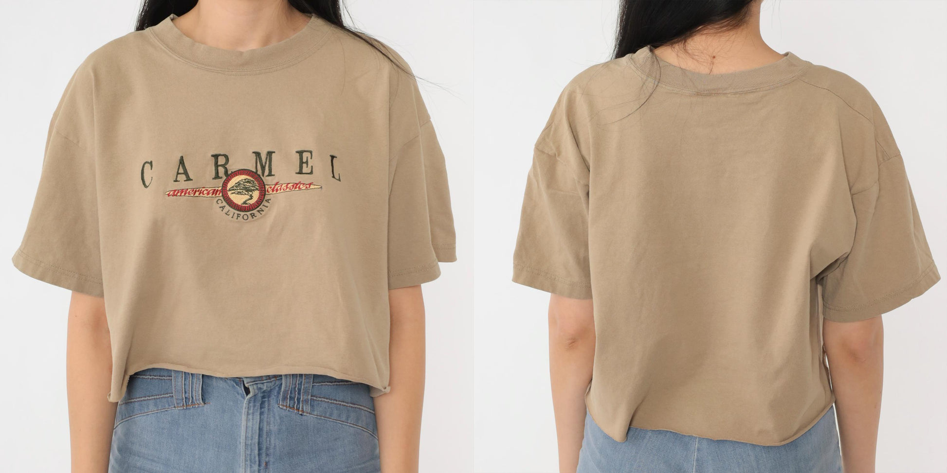 90s Carmel California Embroidered Crop Tee Tan Cotton Large L