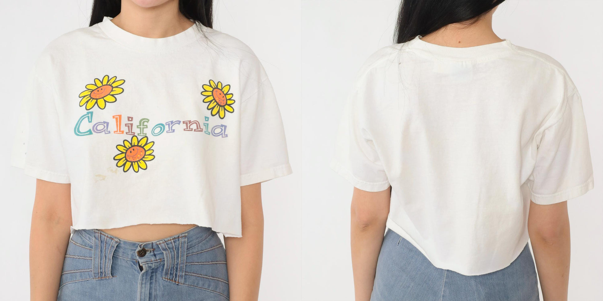 90s California Smiley Daisy Graphic Crop Top White Cotton Medium