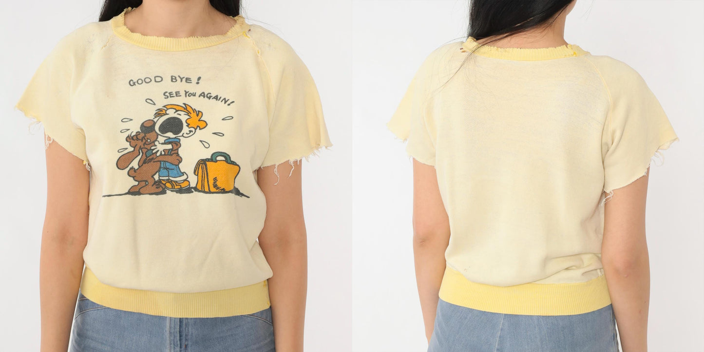 80s Graphic Sweatshirt Tee Yellow Goodbye See You Again Cartoon Extra Small