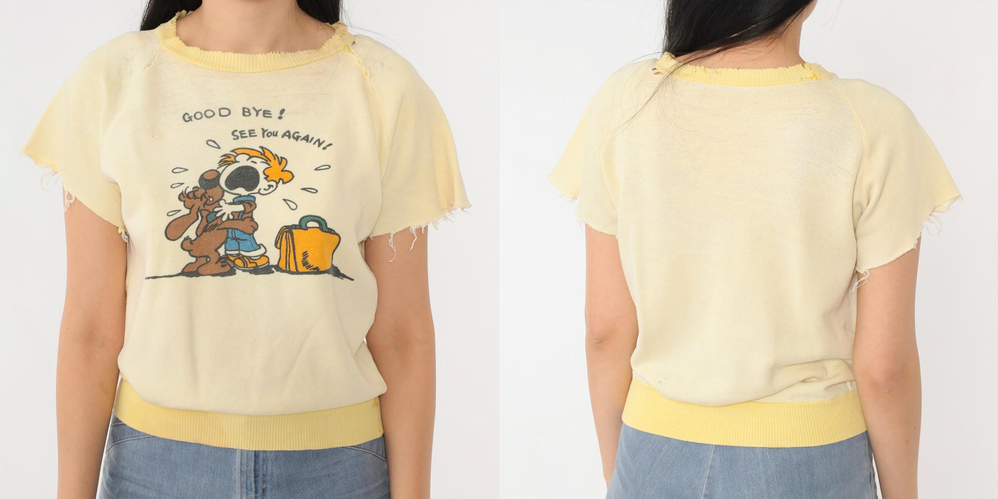 80s Graphic Sweatshirt Tee Yellow Goodbye See You Again Cartoon Extra Small