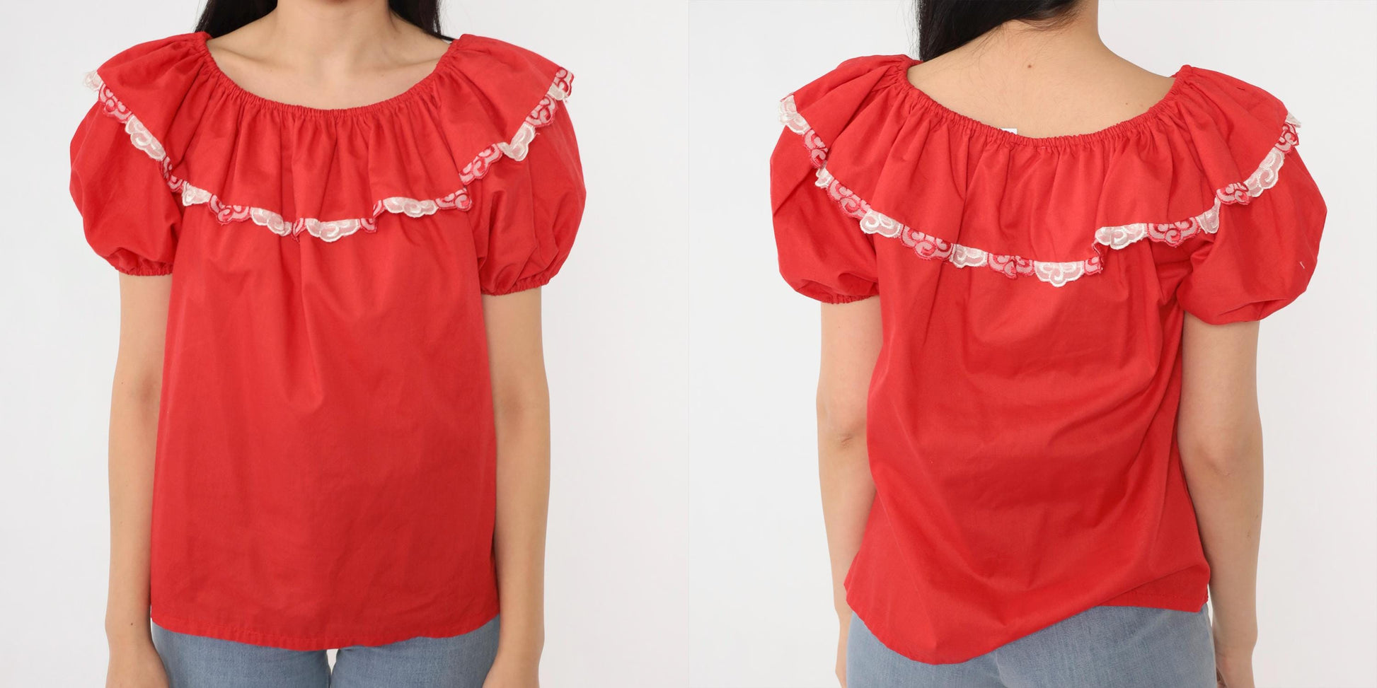 80s Red Peasant Blouse Puff Sleeve Elastic Neckline Small S